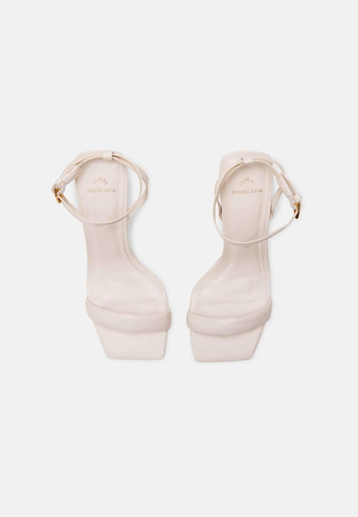 11. Top view of Mangará Cortiça off white high heel sandals showing square toe and brand logo