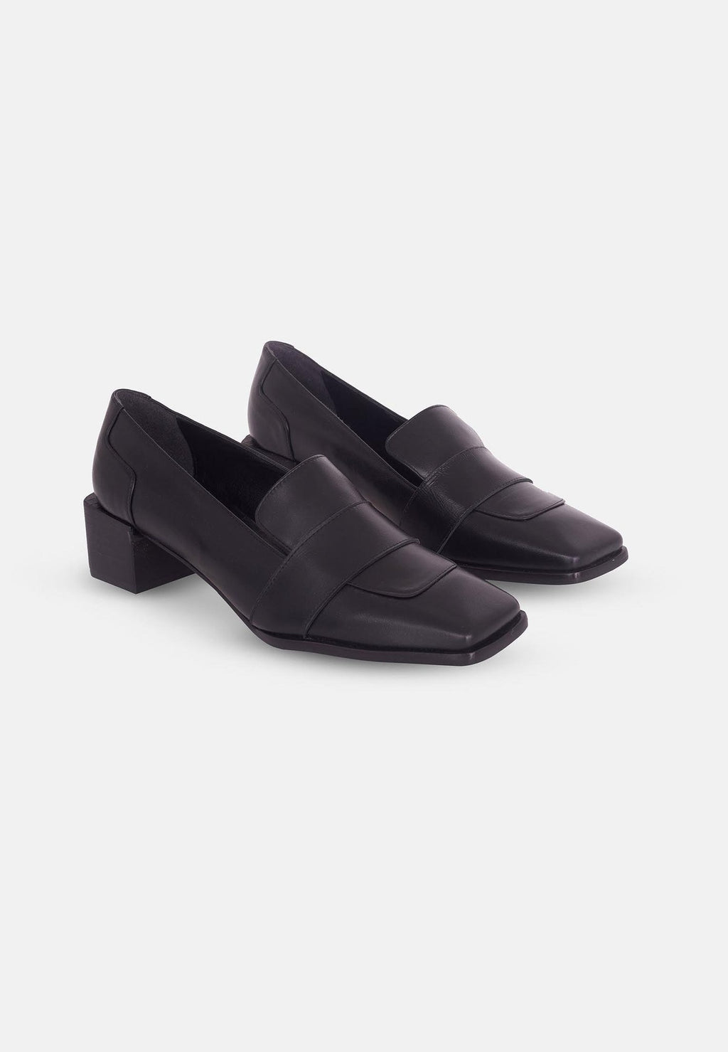 8. Pair of women's black Mangará Louro Leather Loafers with block heel in studio