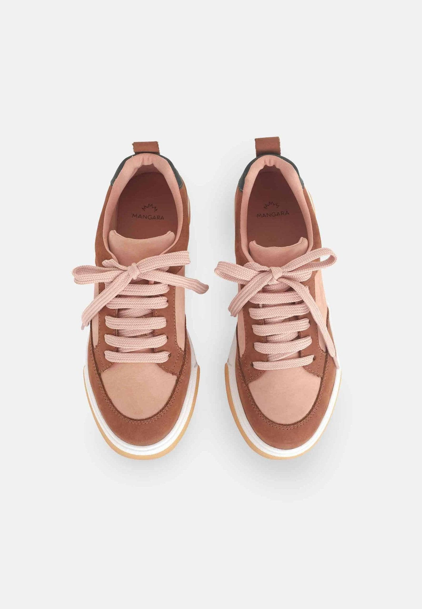 5. Top view of women's Allamanda sneakers by Mangará in multicolored suede, showing lace-up design