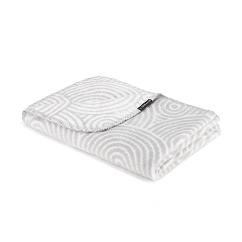 2. Labbvenn Manno pet blanket in gray and white with round and linear patterns, folded on a white background, showcasing soft cotton, acrylic, and polyester blend