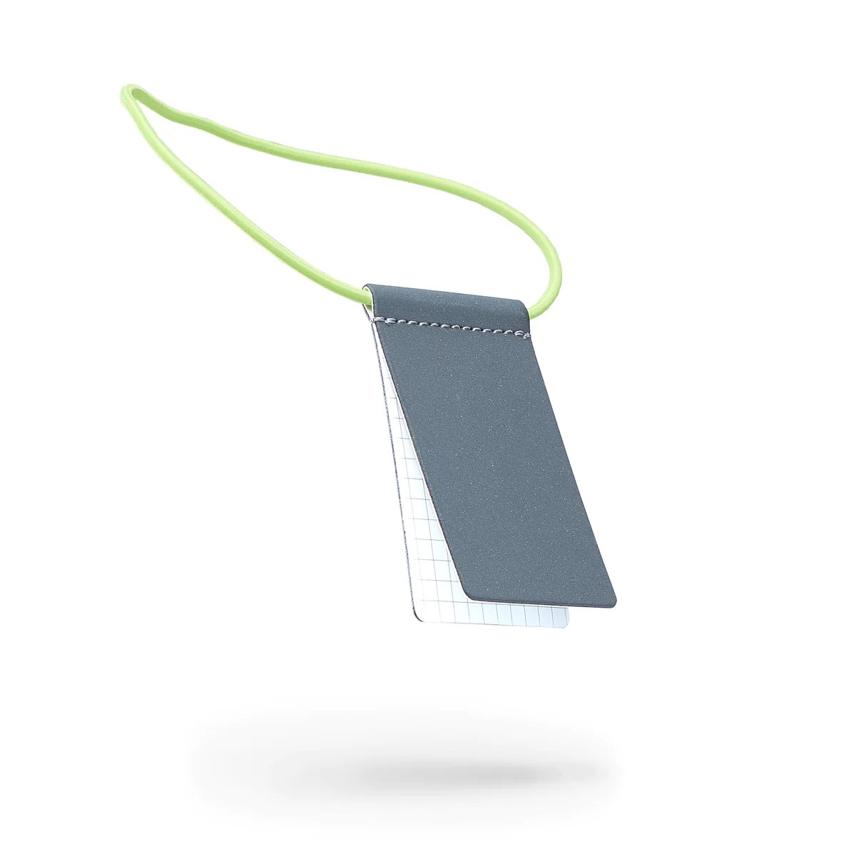 9. Grey MARCH Reflective Luggage Tag with neon green strap, displayed in studio
