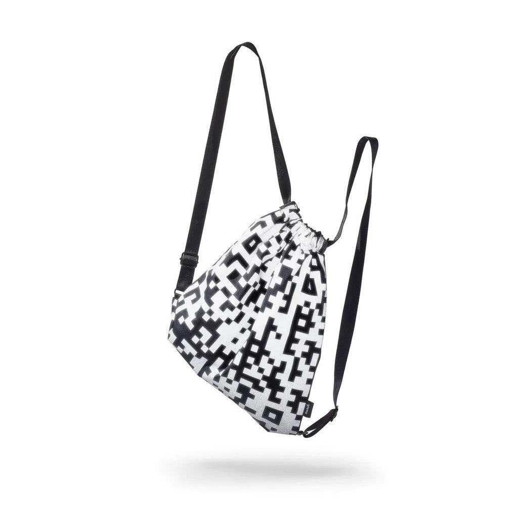 2. MARCH Water Resistant Reflective Backpack QR in white with black pattern, studio side view