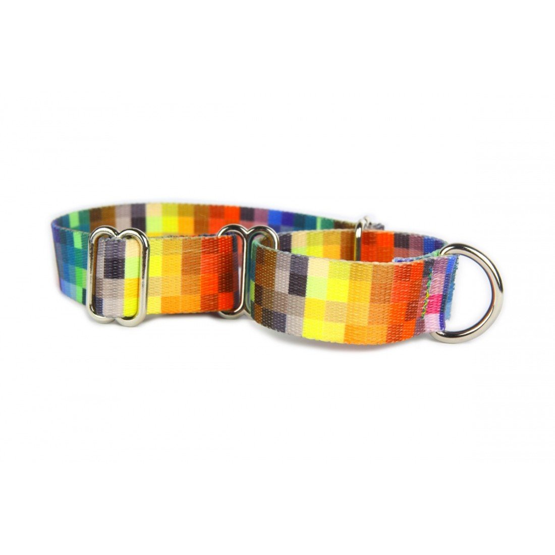 1. Colorful pixel-patterned martingale dog collar with metal rings and adjustable design on white background