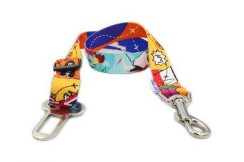 3. Colorful travel-themed dog seatbelt with metal clip and clasp, featuring vibrant print and word 'Hi'