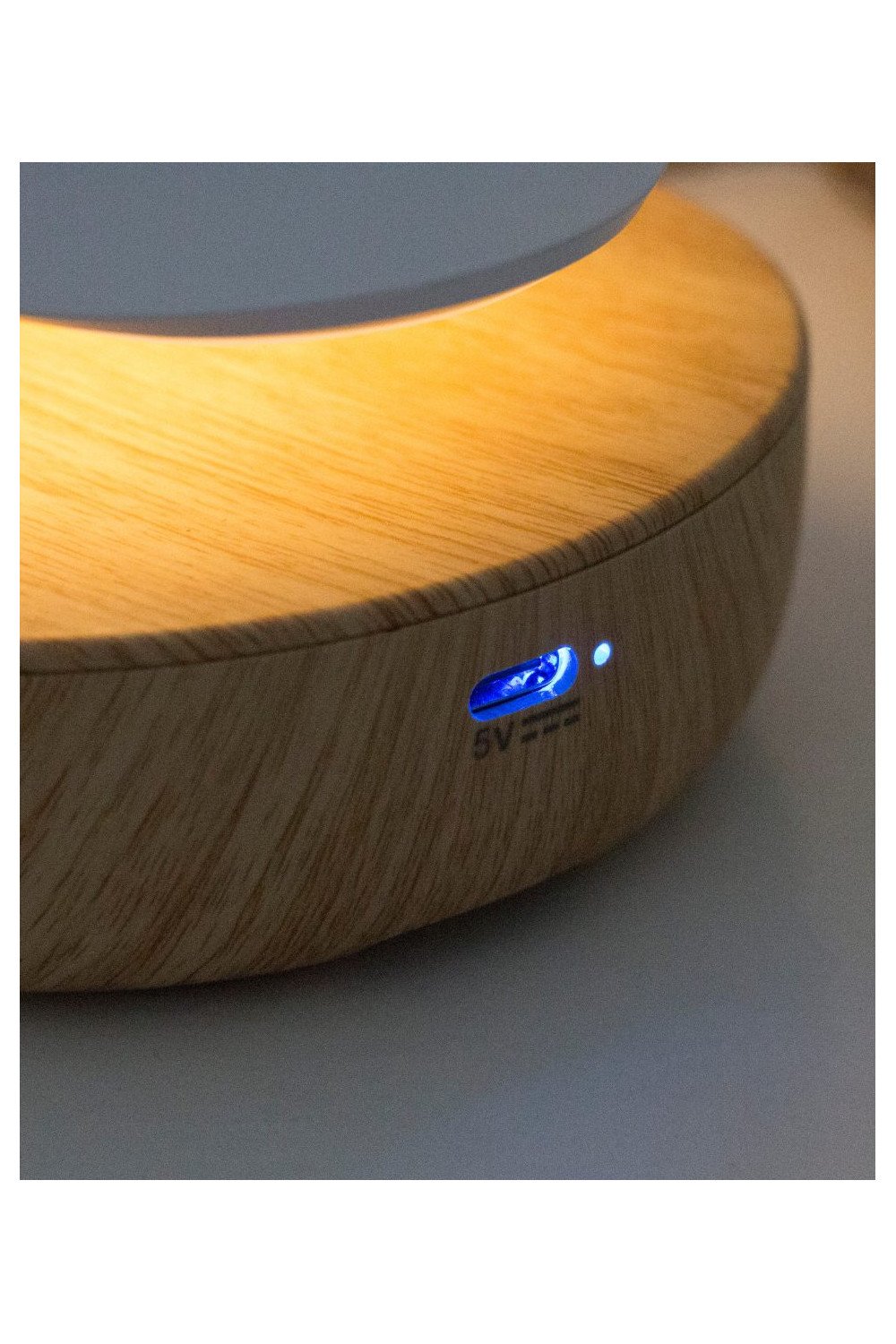 3. Close-up of USB charging port on wooden base of pink bird lamp