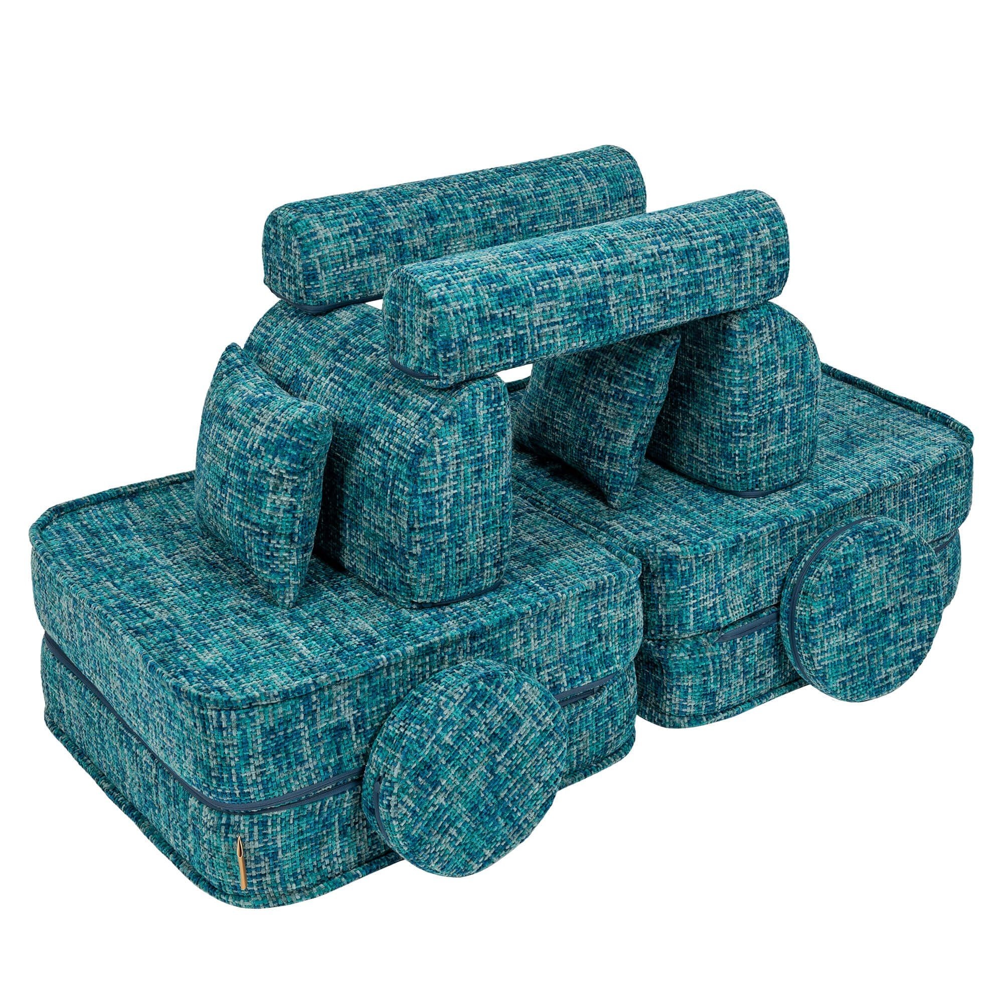 2. Medium modular sofa for kids in tangle lagoon blue fully extended with cushions, displayed in a studio