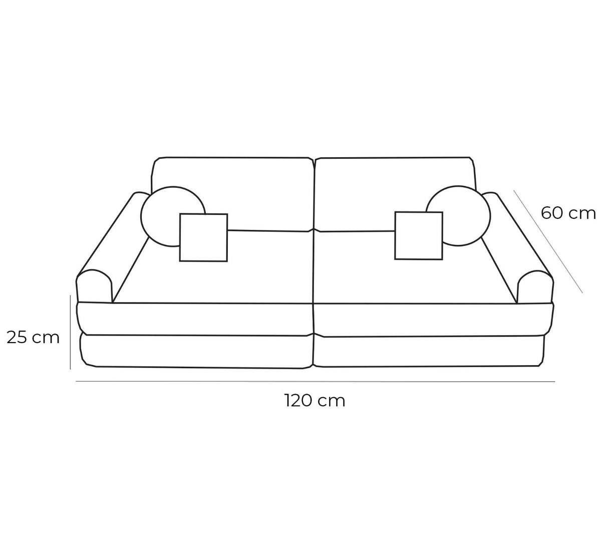 5. Size chart for children's modular sofa showing dimensions in centimeters