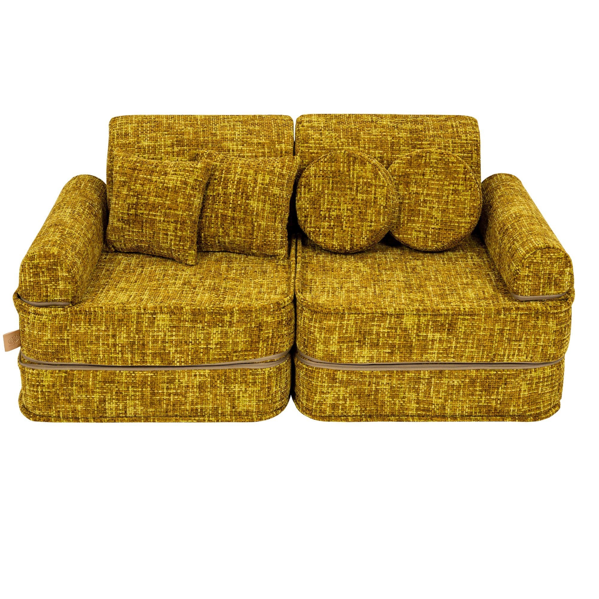 1. Medium modular sofa for kids in honey mustard color with two square and two round cushions, shown in a studio setting.