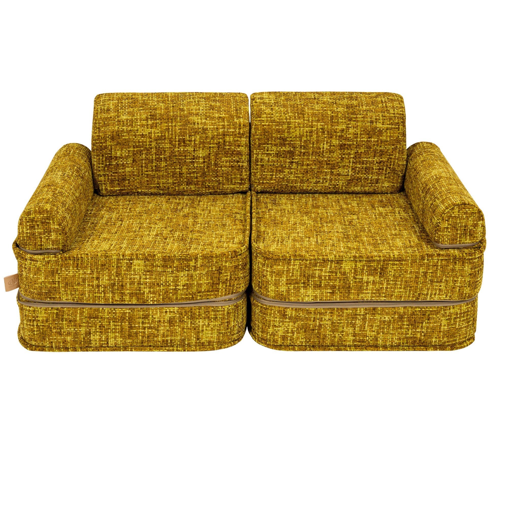 3. Honey mustard modular sofa for kids with no cushions, shown in a studio setting.