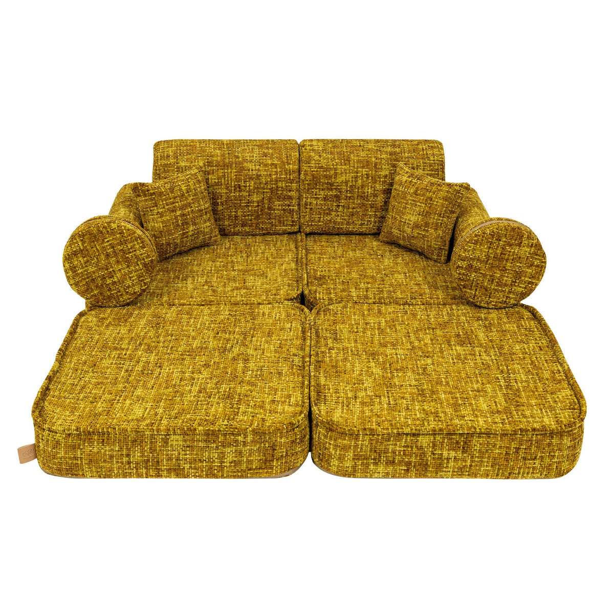 5. Honey mustard modular sofa for kids fully extended with cushions, shown in a studio setting.