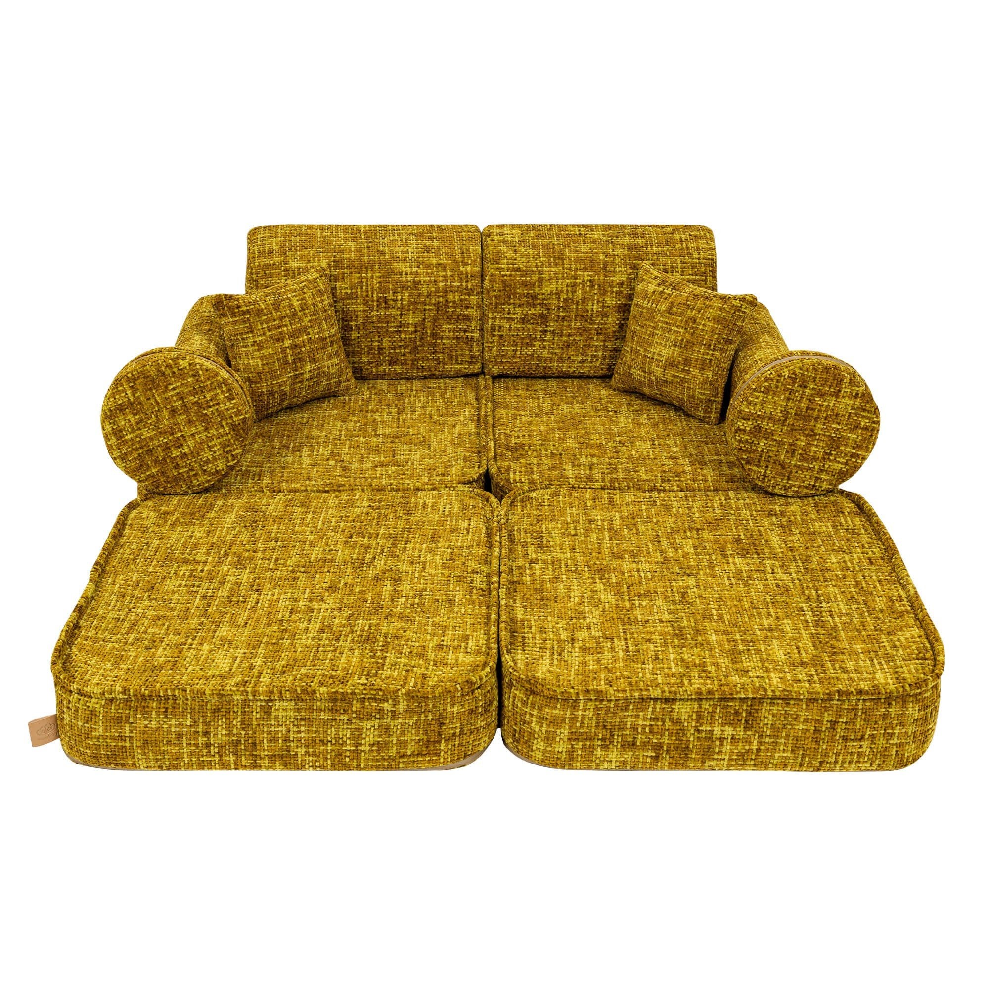 5. Honey mustard modular sofa for kids fully extended with cushions, shown in a studio setting.