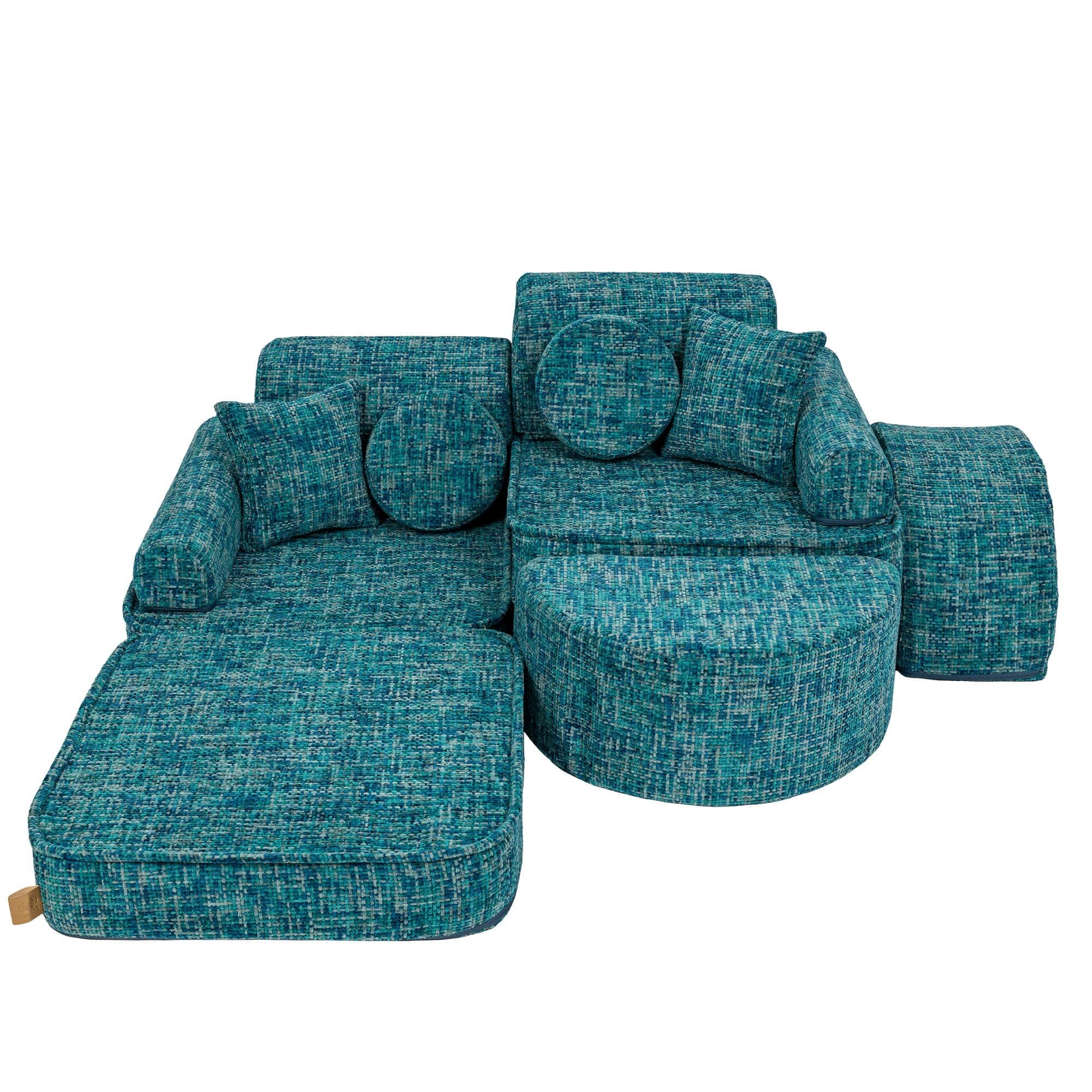 7. Lagoon blue modular sofa with extended cushion layout for lounging