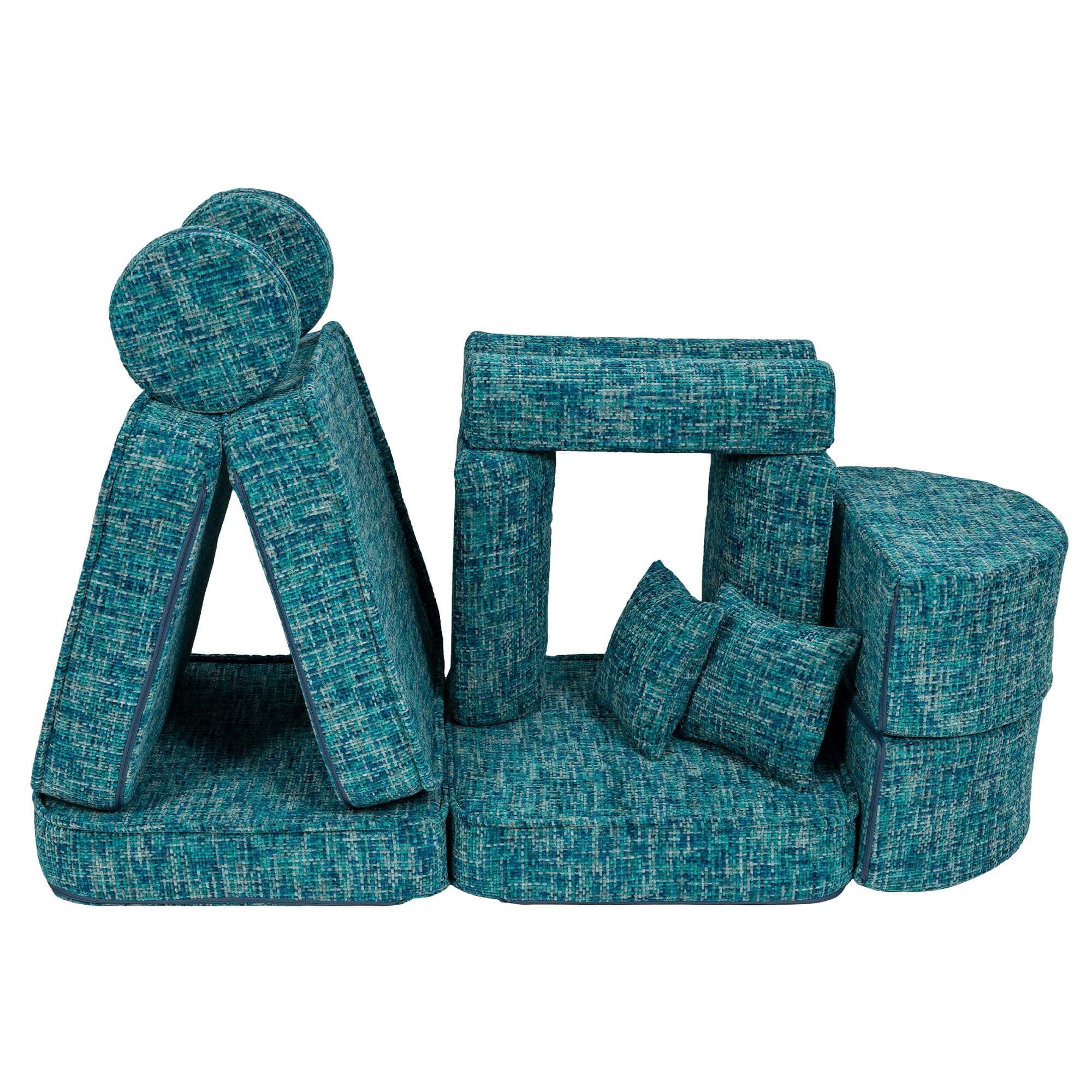 2. Lagoon blue modular sofa pieces arranged in a creative structure resembling a play fort