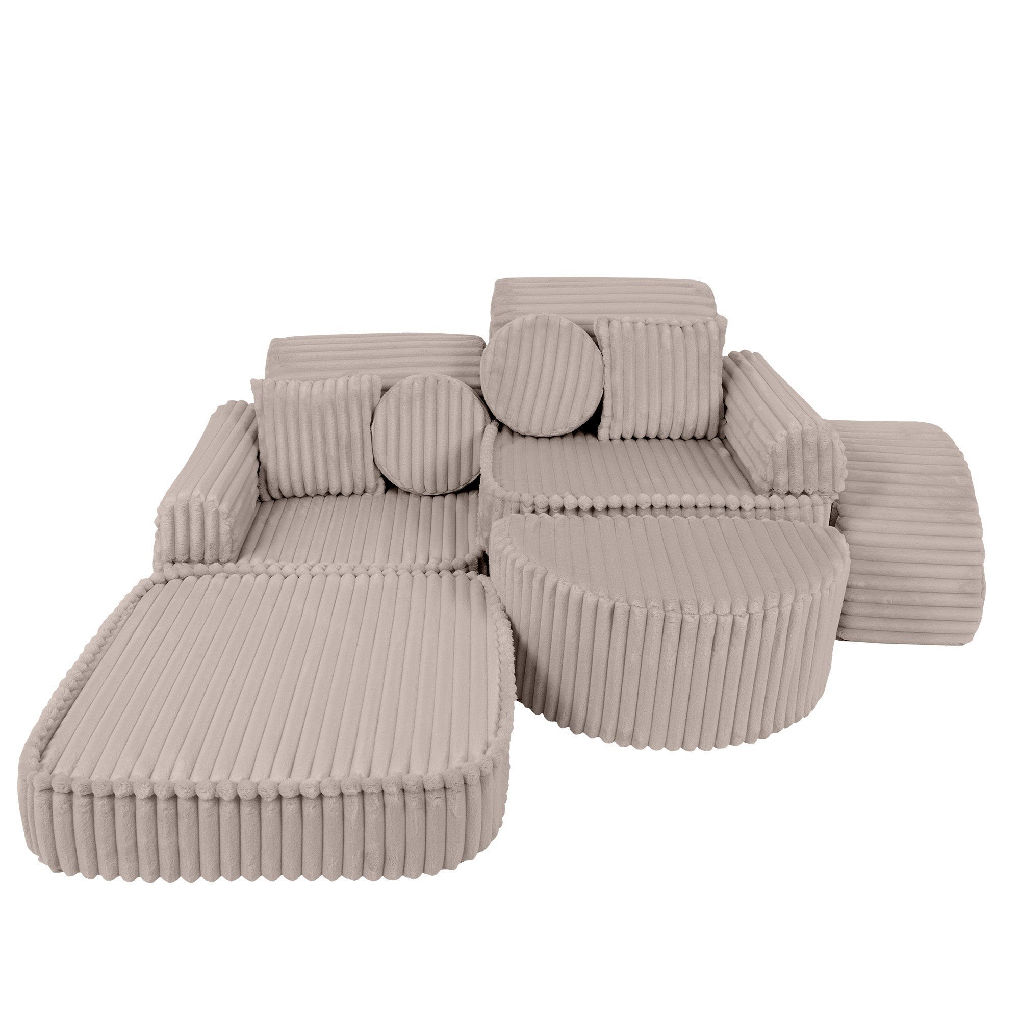 4. Beige modular kids sofa in a versatile layout with ribbed corduroy texture and multiple cushions