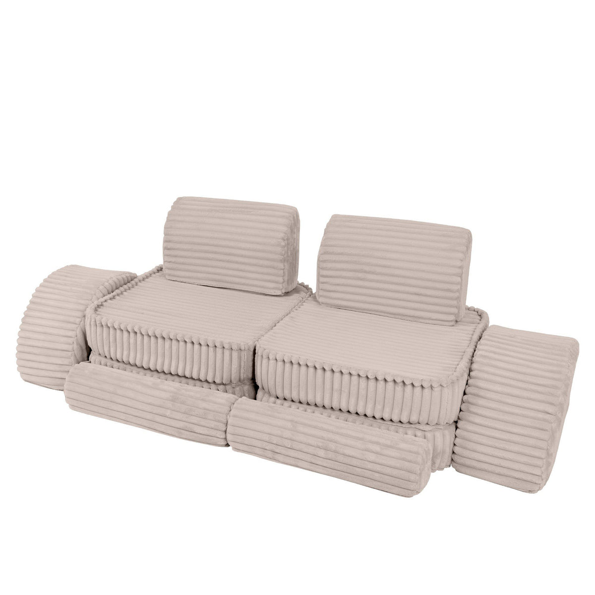 9. Beige modular kids sofa with ribbed corduroy texture, arranged in a linear layout with cushions