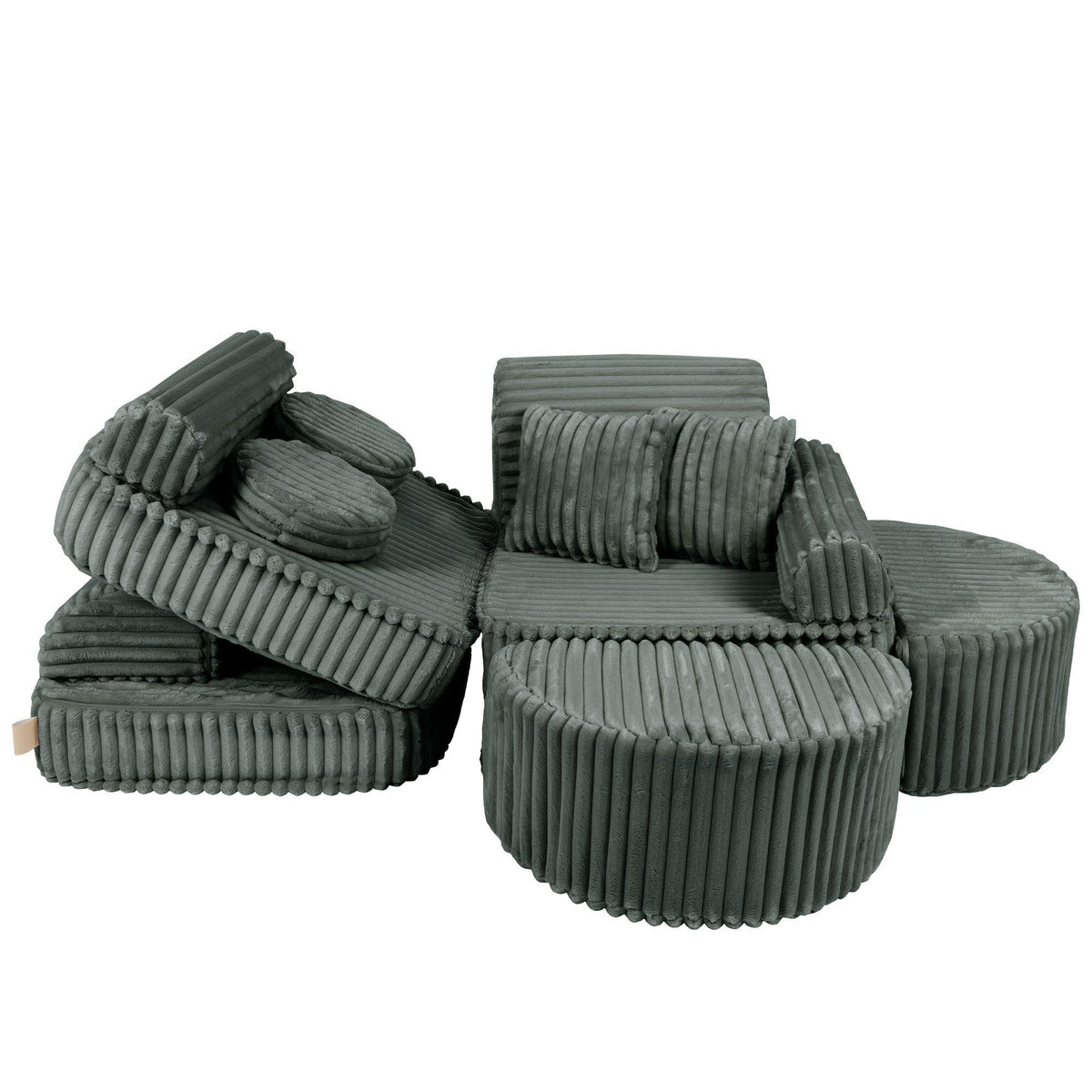 10. Medium modular kids sofa in forest green corduroy, creatively arranged with ribbed texture, highlighting flexibility and design.