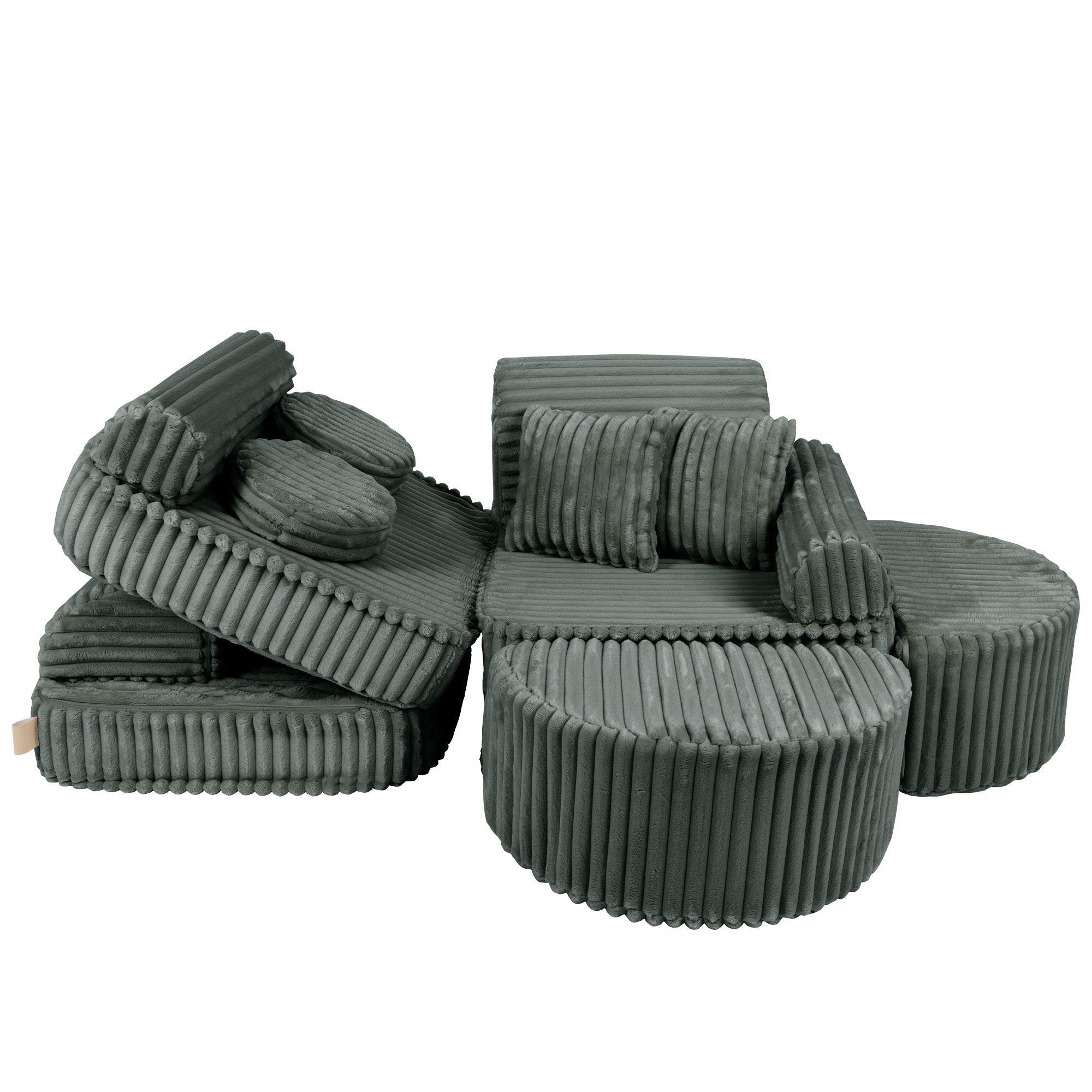 10. Medium modular kids sofa in forest green corduroy, creatively arranged with ribbed texture, highlighting flexibility and design.