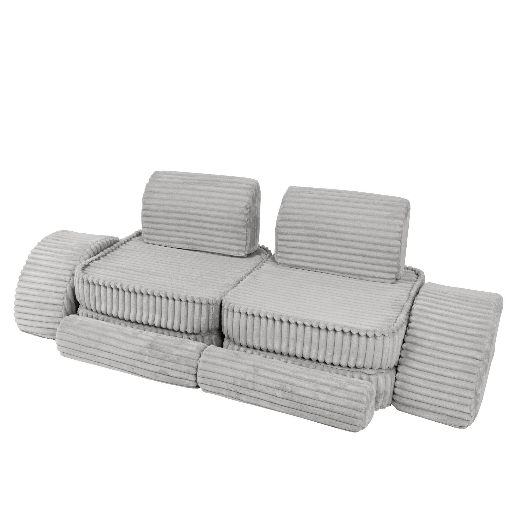 6. Compact kids sofa in moon grey corduroy, featuring ribbed texture and multiple cushions, arranged in a stacked configuration