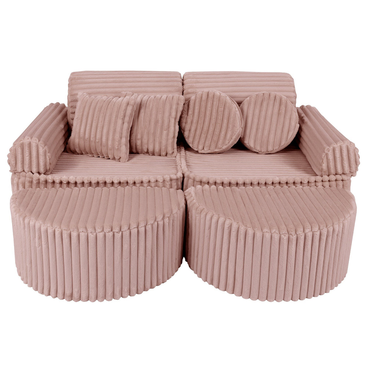 1. Medium modular kids sofa in churros pink with ribbed corduroy fabric, featuring two back cushions and circular armrests, arranged in a compact layout.