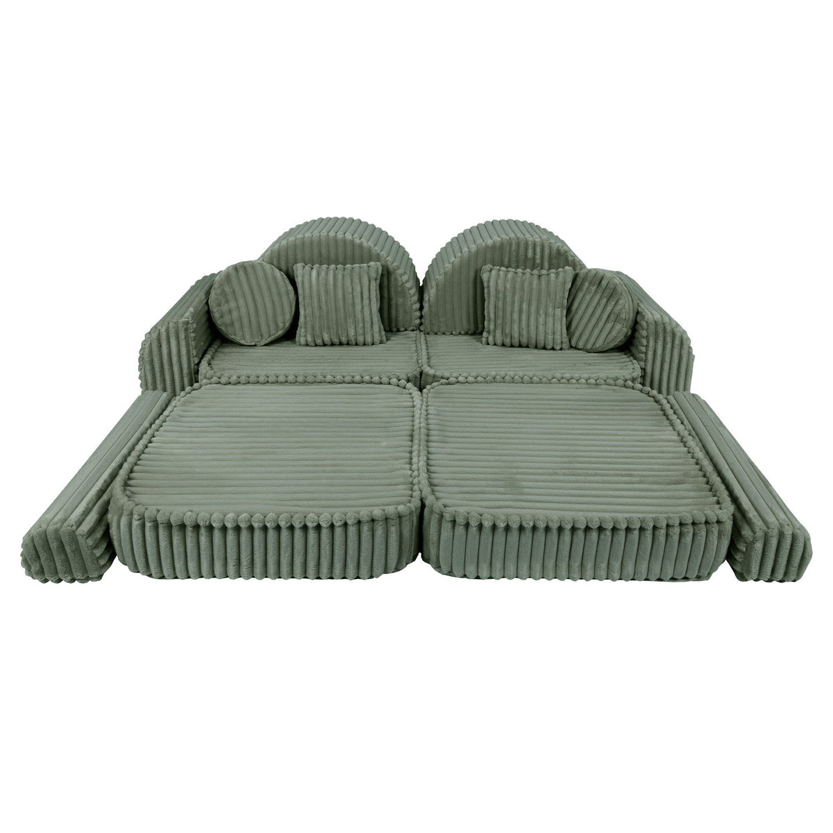 2. Medium modular kids sofa in sage green corduroy with ribbed texture, shown in a flat layout with extended seating and cushions.