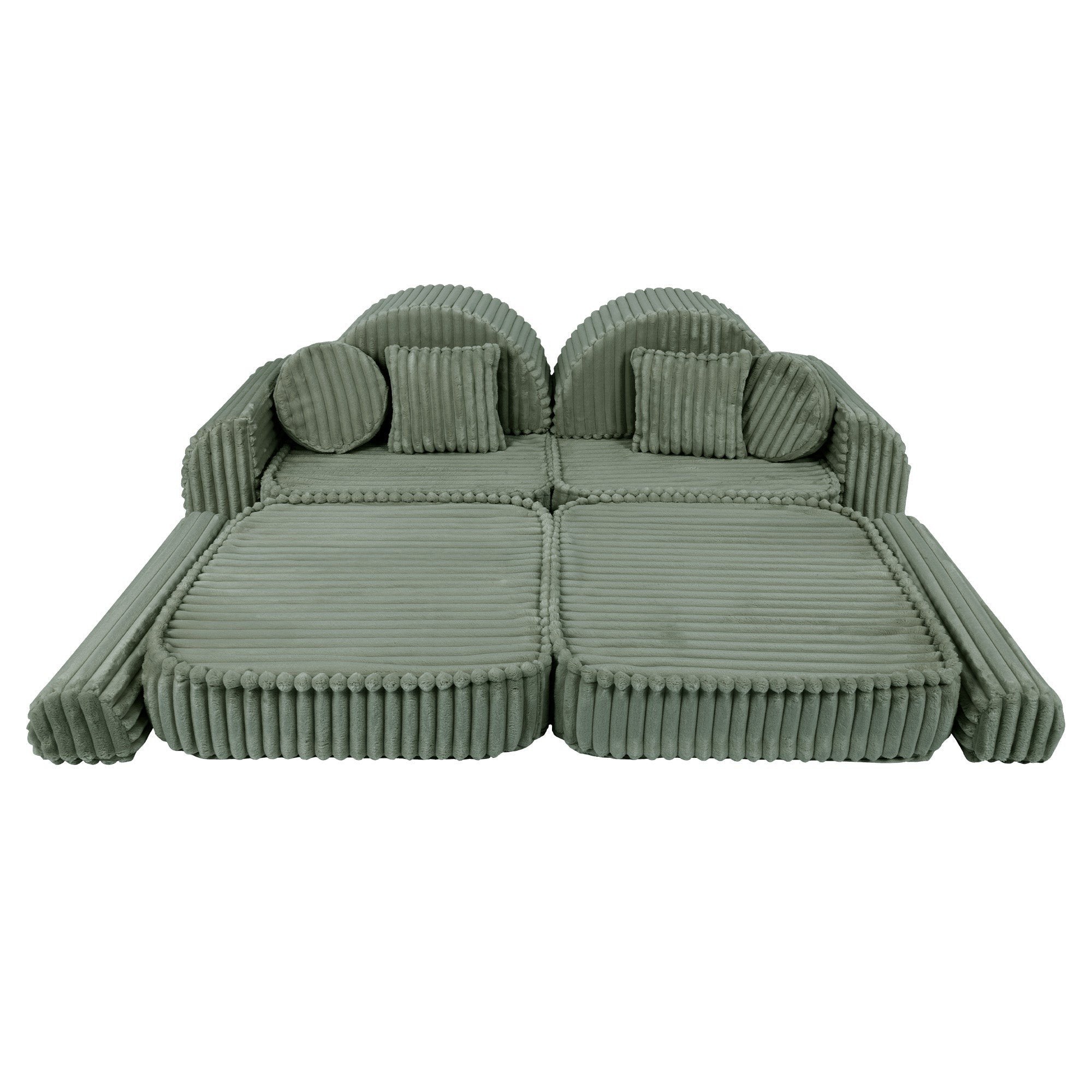 2. Medium modular kids sofa in sage green corduroy with ribbed texture, shown in a flat layout with extended seating and cushions.