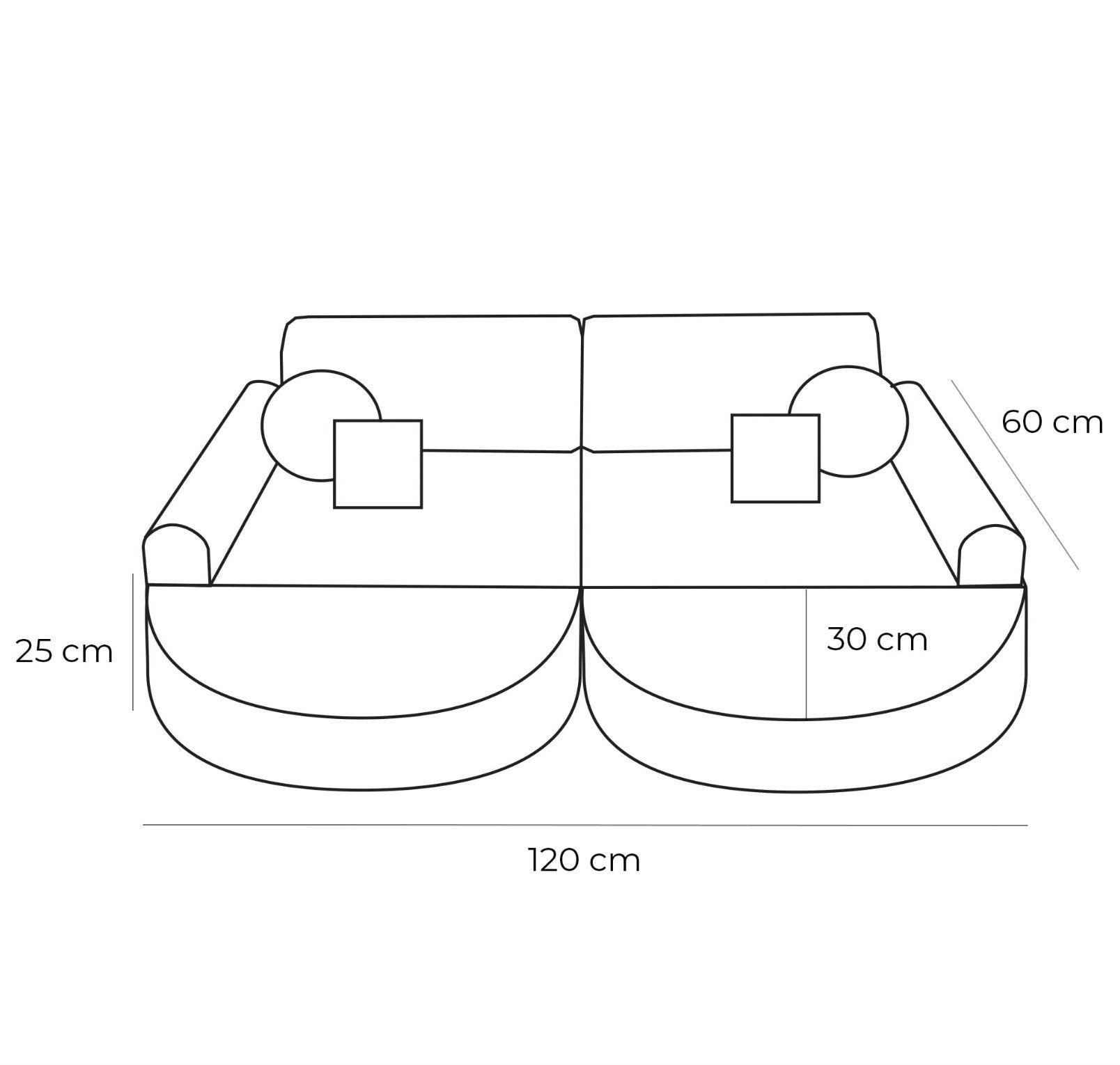 13. Size chart for medium modular kids sofa showing dimensions in centimeters