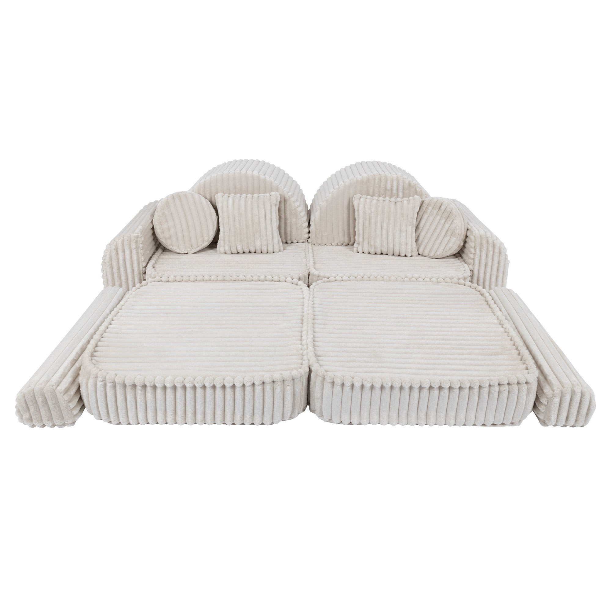 8. Medium kids sofa in churros white with ribbed corduroy fabric, featuring two seats and round cushions, arranged in a flat configuration.