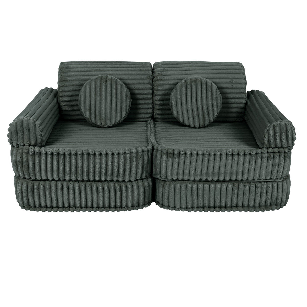 2. Medium modular kids sofa in forest green with ribbed corduroy texture, featuring two round cushions, shown in a compact setup.