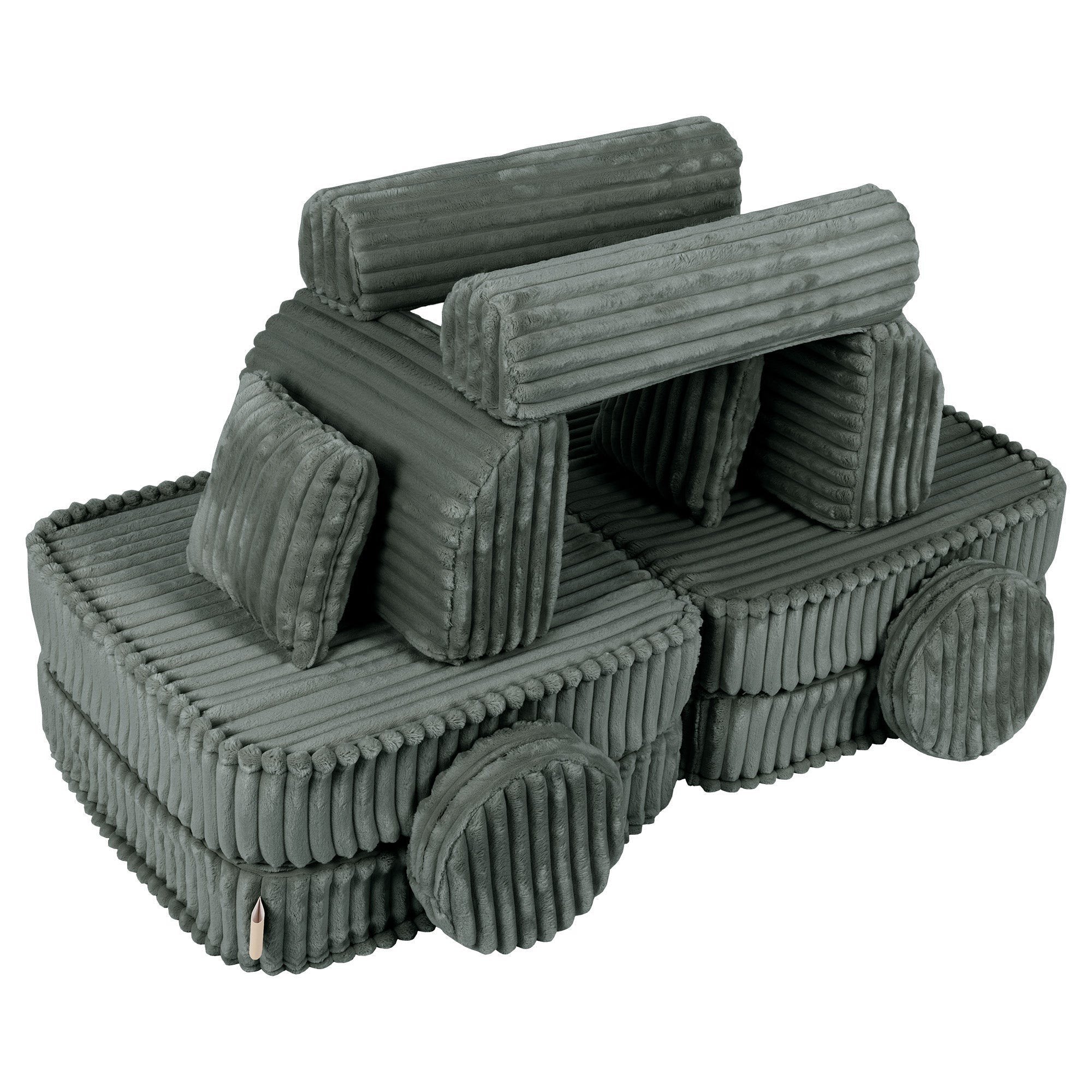 2. Medium modular kids sofa in forest green, creatively arranged to resemble a vehicle, showcasing its versatile design.