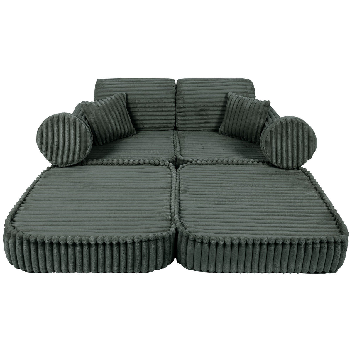 3. Medium modular kids sofa in forest green, fully extended to form a flat lounging area, highlighting its adaptability.