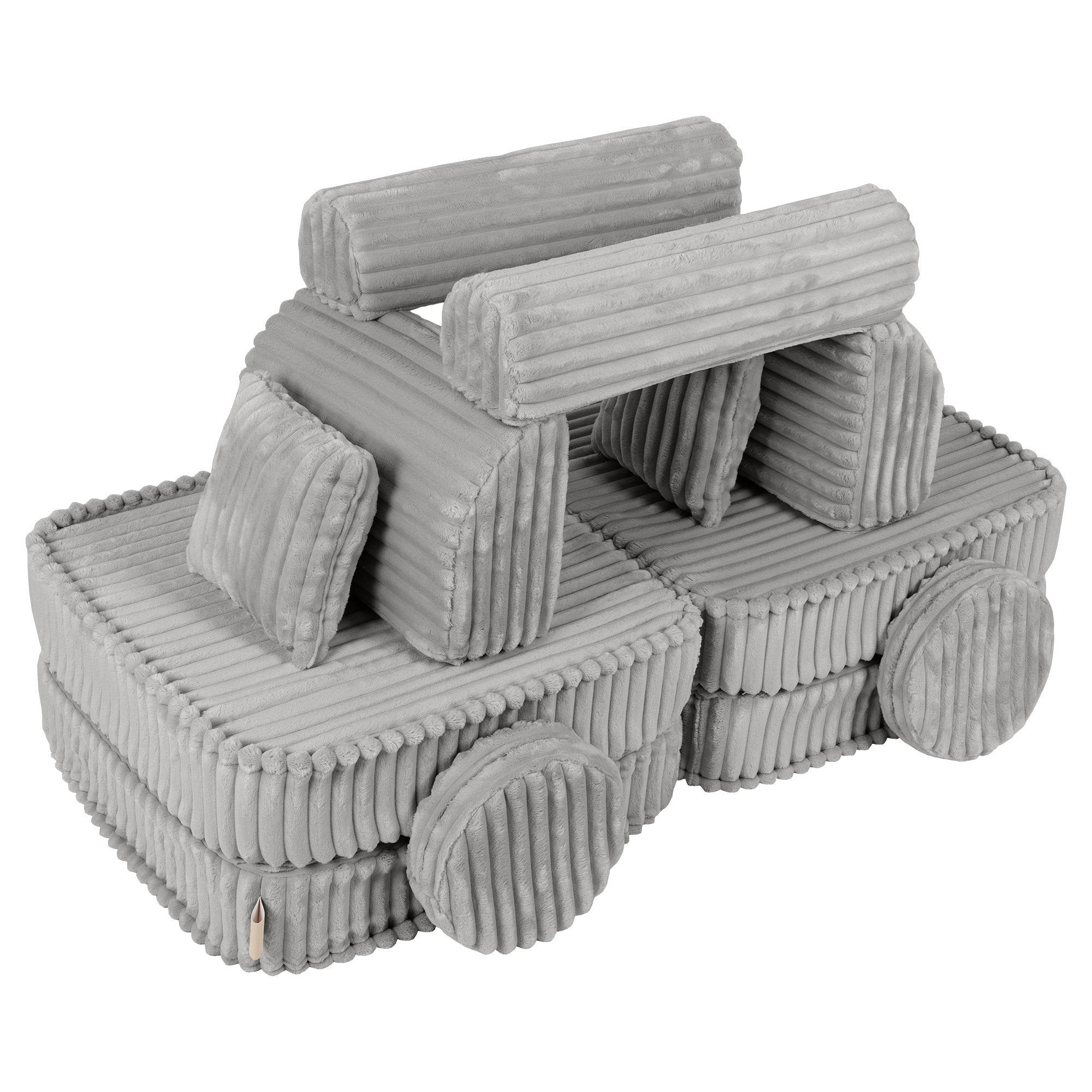7. Medium kids sofa in moon grey with ribbed corduroy texture, creatively arranged in a playful vehicle shape with cushions
