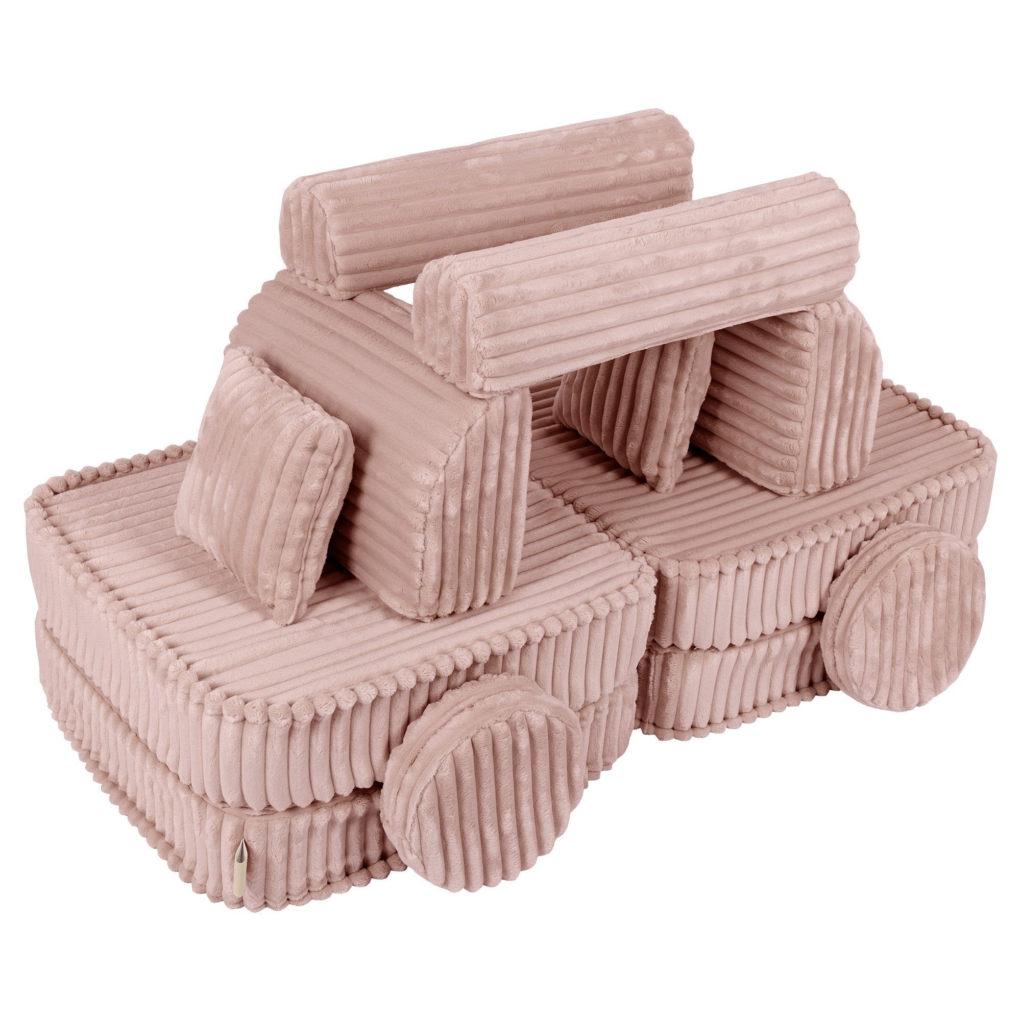 7. Medium modular kids sofa in churros pink with ribbed corduroy texture, creatively arranged in a playful vehicle shape