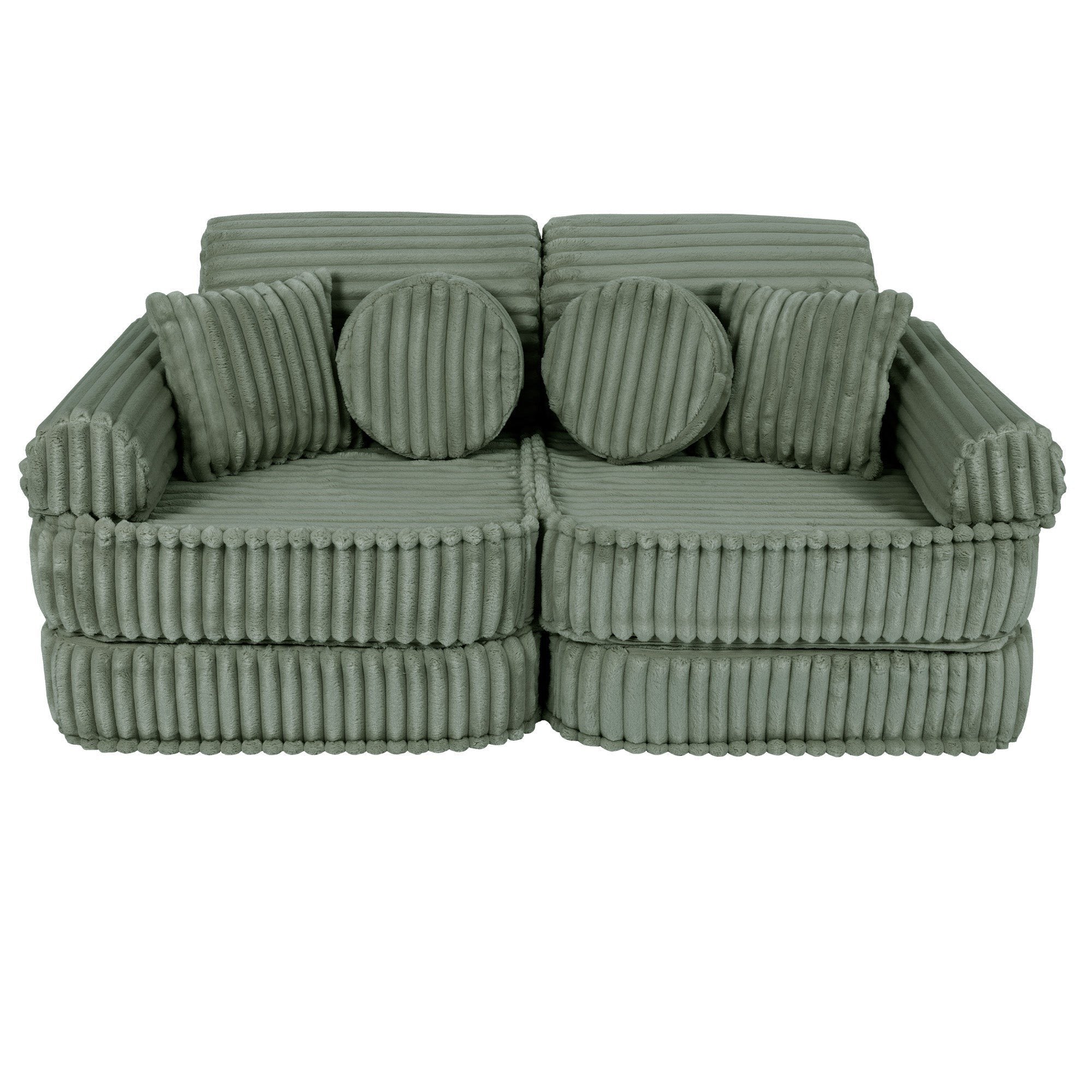 1. Medium modular kids sofa in sage green with ribbed corduroy texture, featuring round and rectangular cushions, shown in a compact configuration