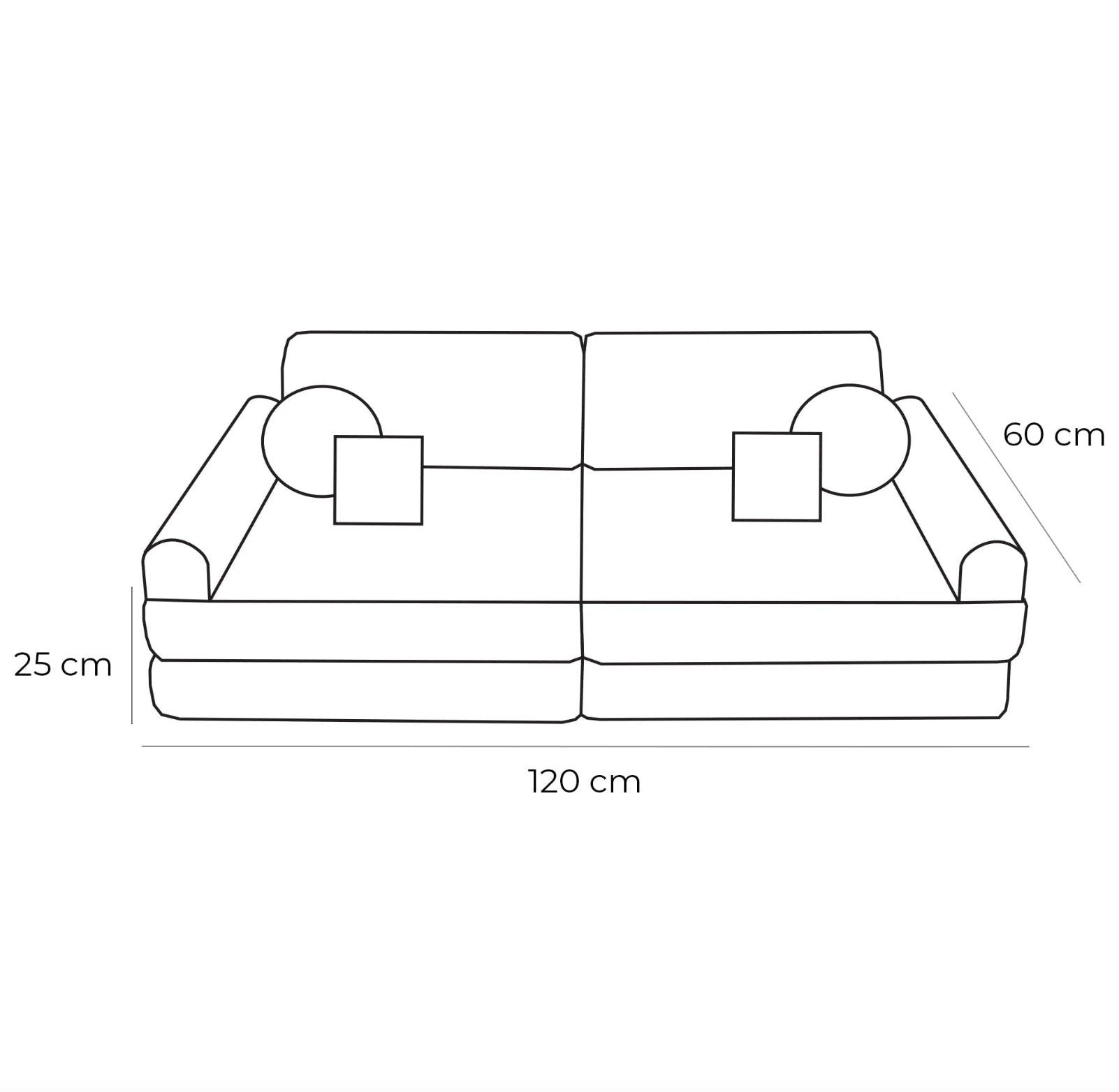 8. Size chart for medium kids sofa showing dimensions: 120 cm width, 60 cm height, 25 cm seat height