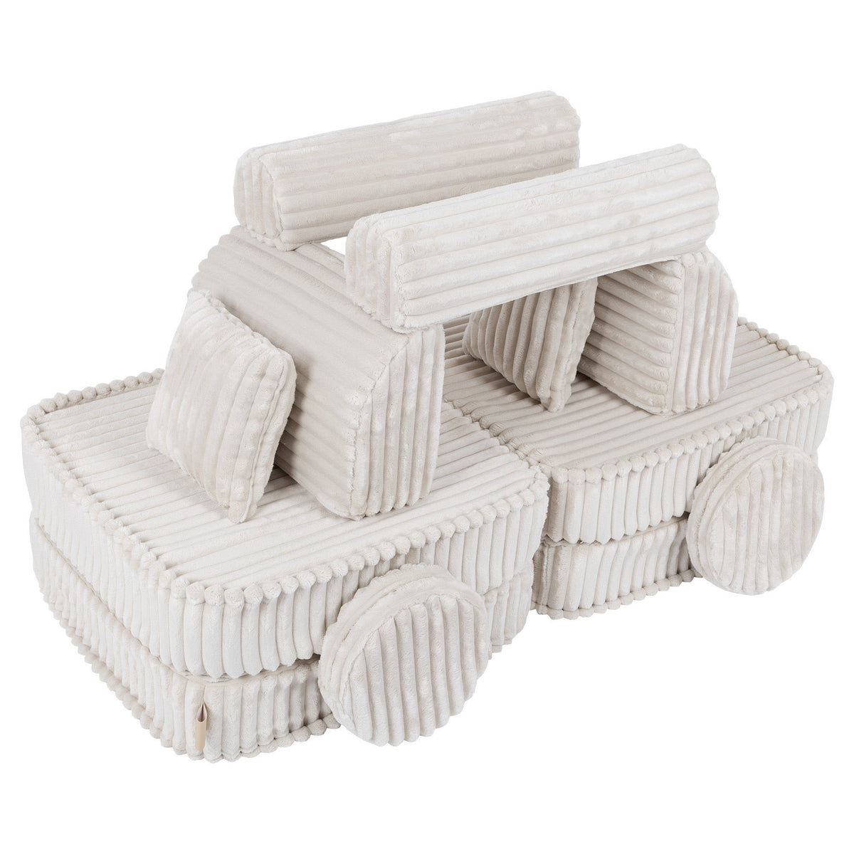 3. Medium kids sofa in churros white with ribbed corduroy fabric, configured as a playful vehicle shape with round cushions as wheels.