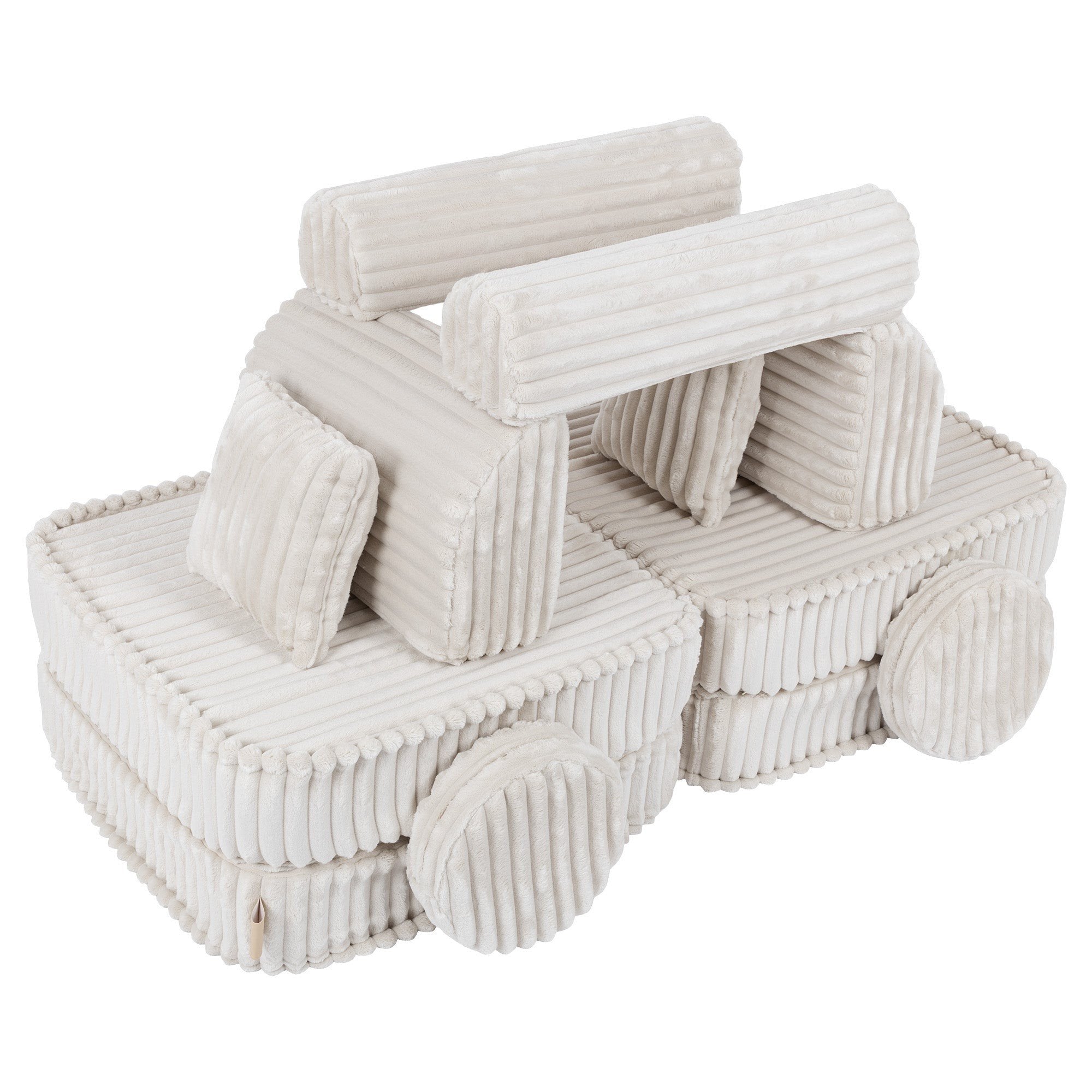 3. Medium kids sofa in churros white with ribbed corduroy fabric, configured as a playful vehicle shape with round cushions as wheels.