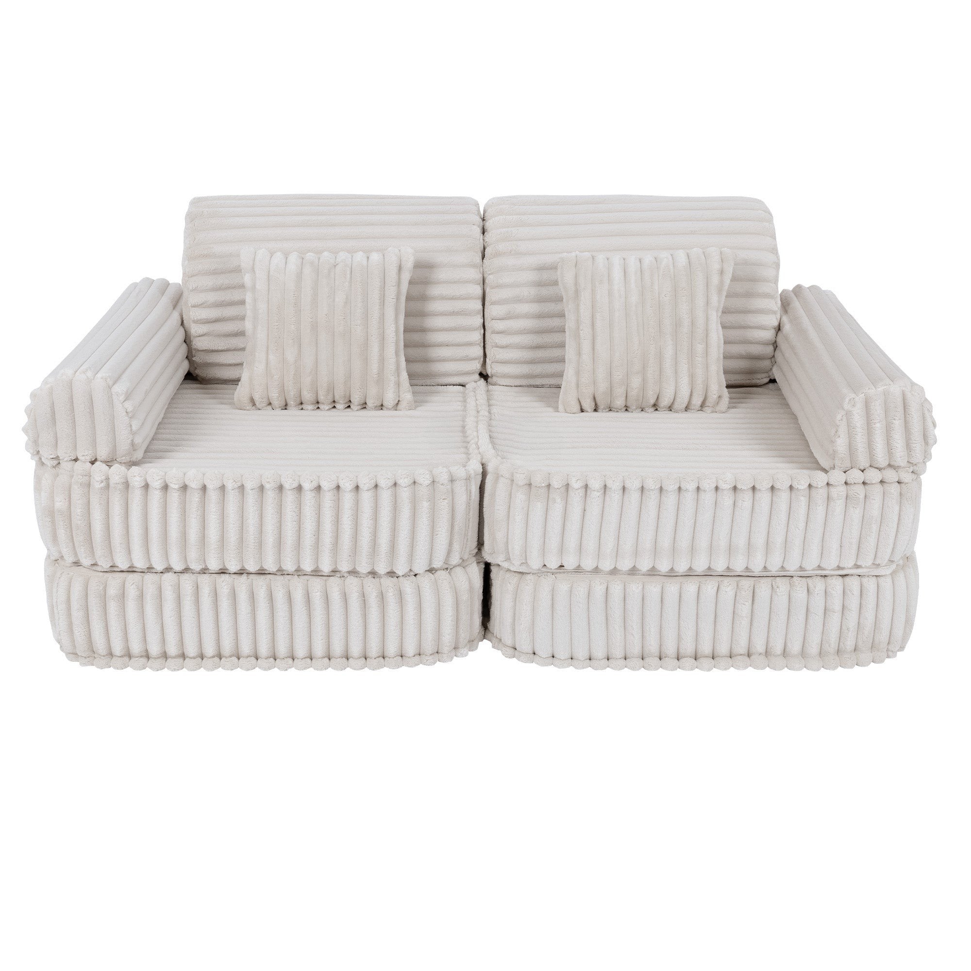 7. Medium kids sofa in churros white with ribbed corduroy fabric, featuring two rectangular cushions, shown in a compact configuration.