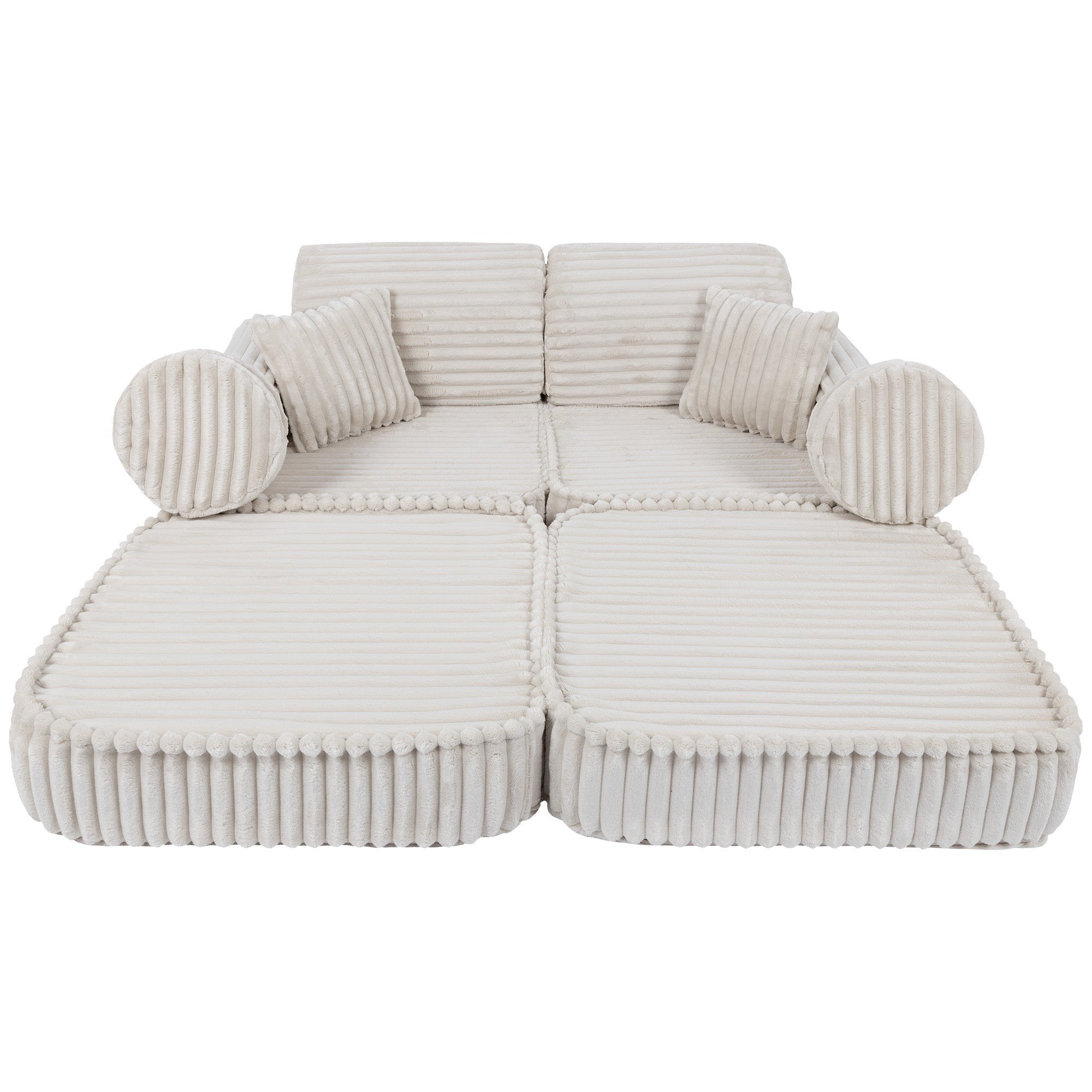 5. Medium kids sofa in churros white with ribbed corduroy fabric, shown in a flat configuration with round and rectangular cushions.