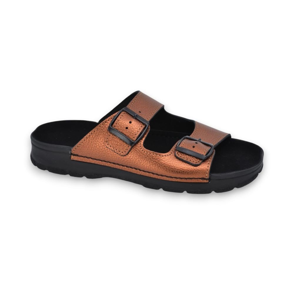 1. Women's bronze leather sandals by Omaking with adjustable buckle straps, shown in studio setting