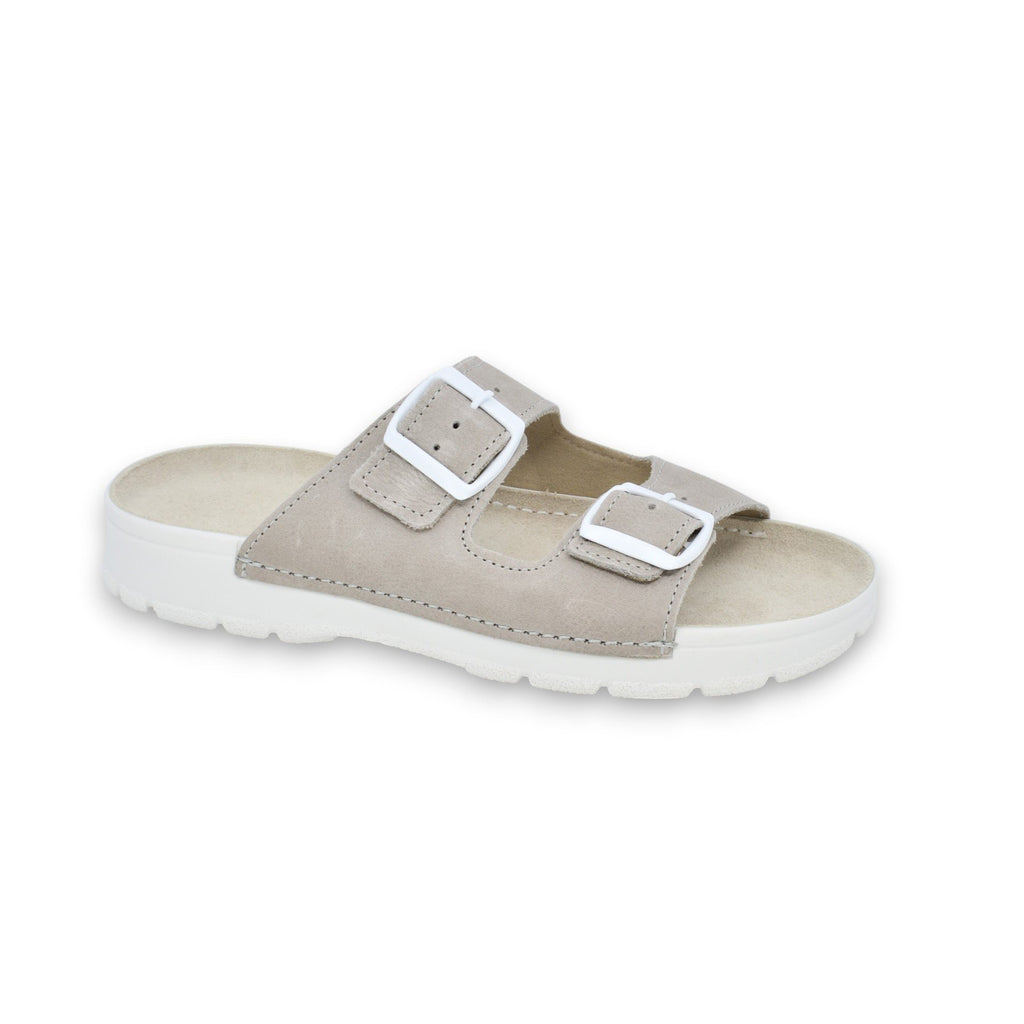2. Side view of Omaking Meeliku leather sandal in grey and white, highlighting slip-on design and PU outsole