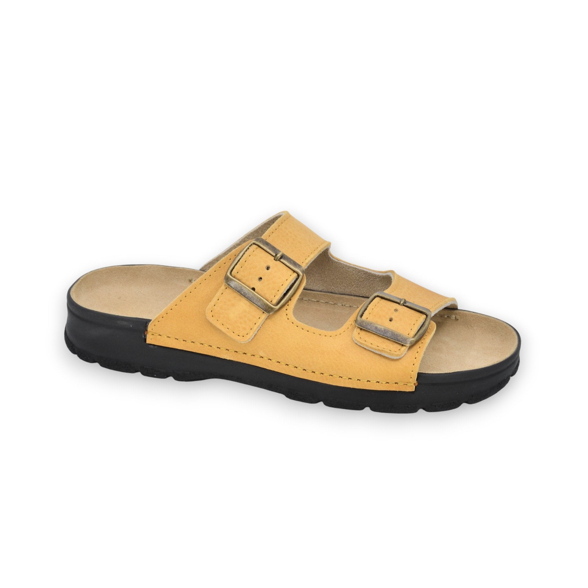 1. Omaking Meeliku leather sandal in vibrant New Yellow with adjustable buckle straps, side view