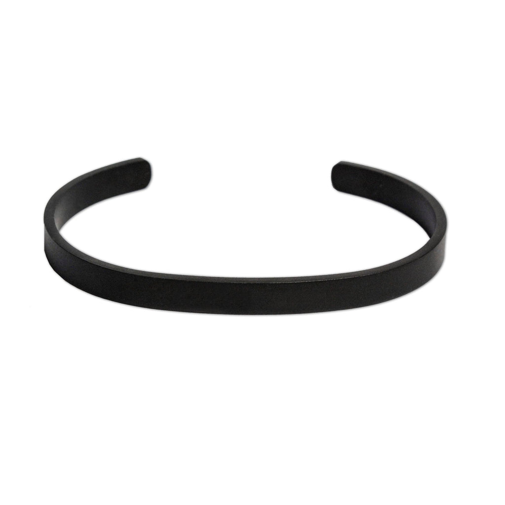 3. Men's matte black cuff bracelet by Olla, featuring a sleek design in stainless steel, set against a white background