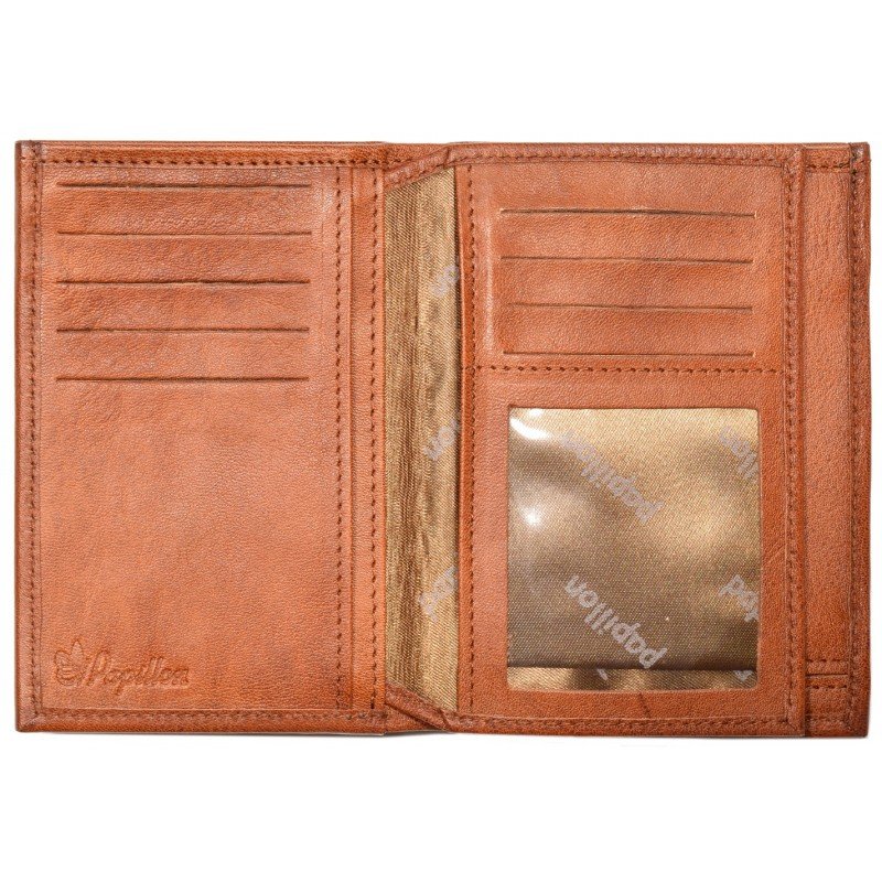 4. Open view of men's Papillon leather wallet in tan, featuring multiple card slots and clear ID pocket
