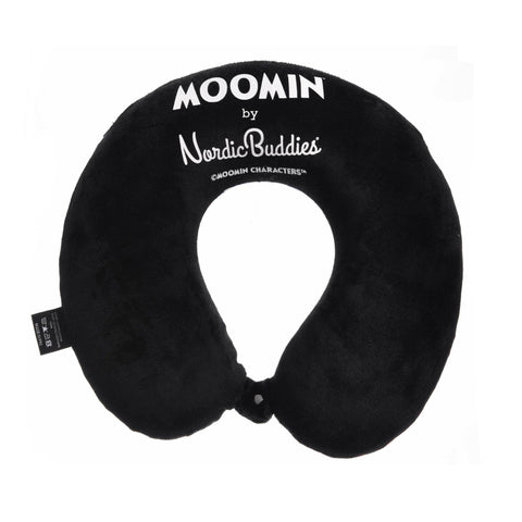 2. Black memory foam travel neck pillow with white Moomin by NordicBuddies logo on a soft cover