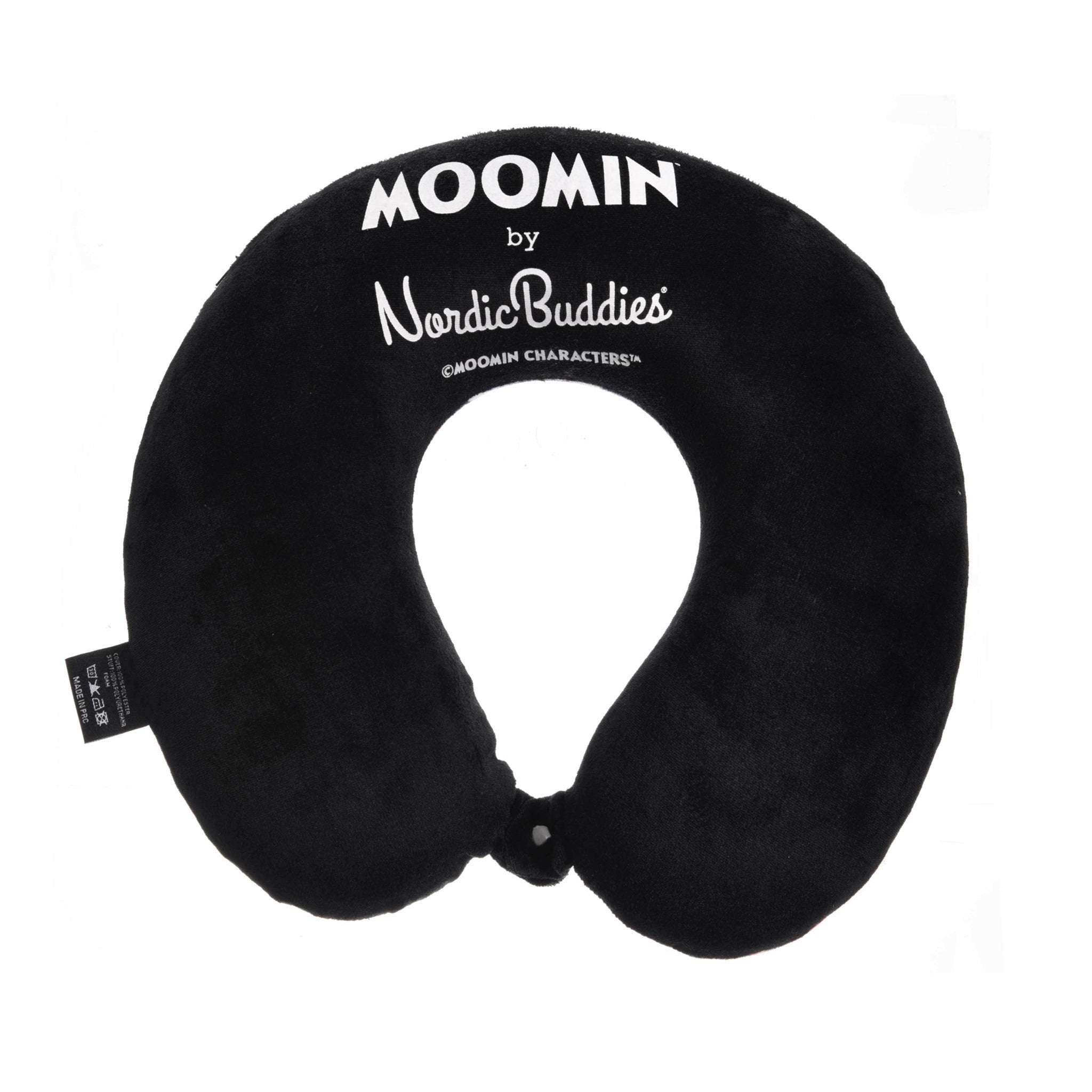 2. Black memory foam travel neck pillow with Moomin by NordicBuddies logo, featuring a soft cover and classic design