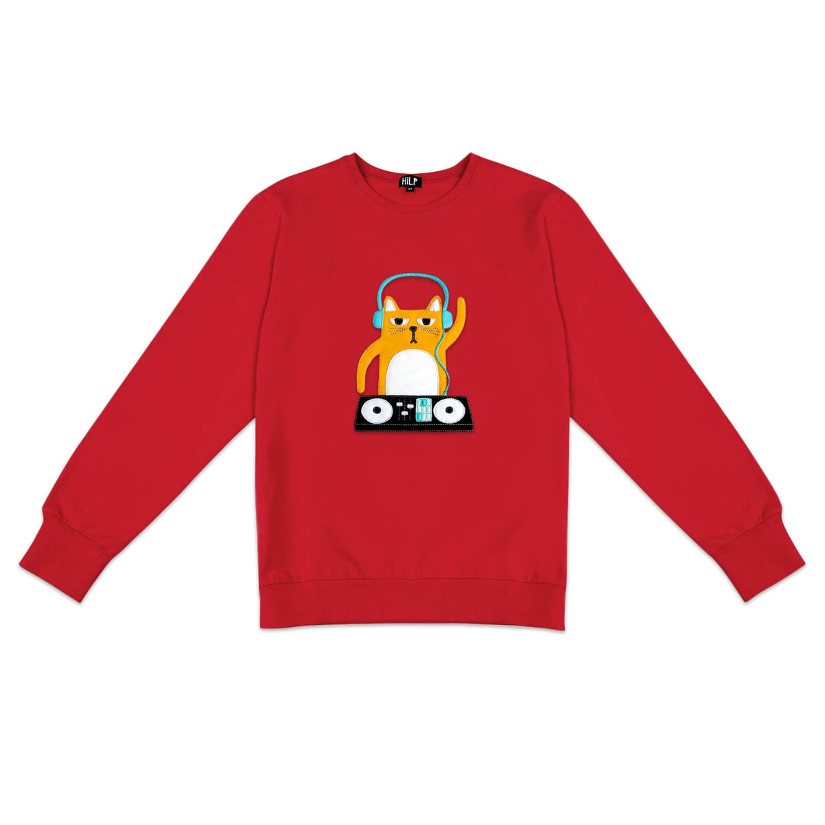 2. Men's DJ Cat Sweatshirt in vibrant red by HILP, showcasing fun cat graphic with headphones and DJ equipment, regular fit, studio setting