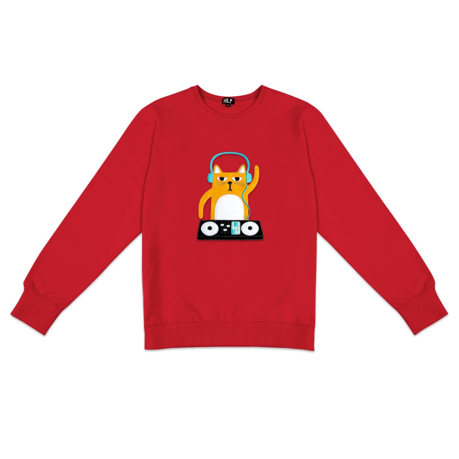 2. Men's DJ Cat Sweatshirt in vibrant red by HILP, showcasing fun cat graphic with headphones and DJ equipment, regular fit, studio setting