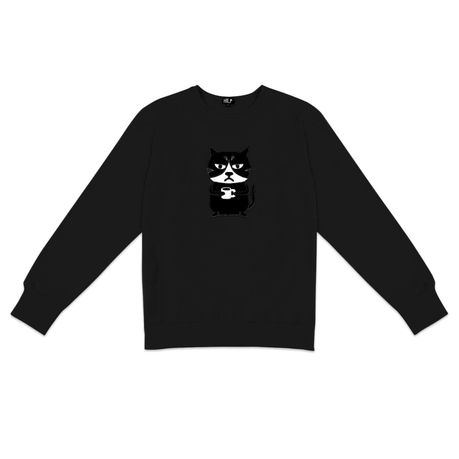 3. Men's black Grumpy Cat sweatshirt by HILP, with fun cat illustration, studio image