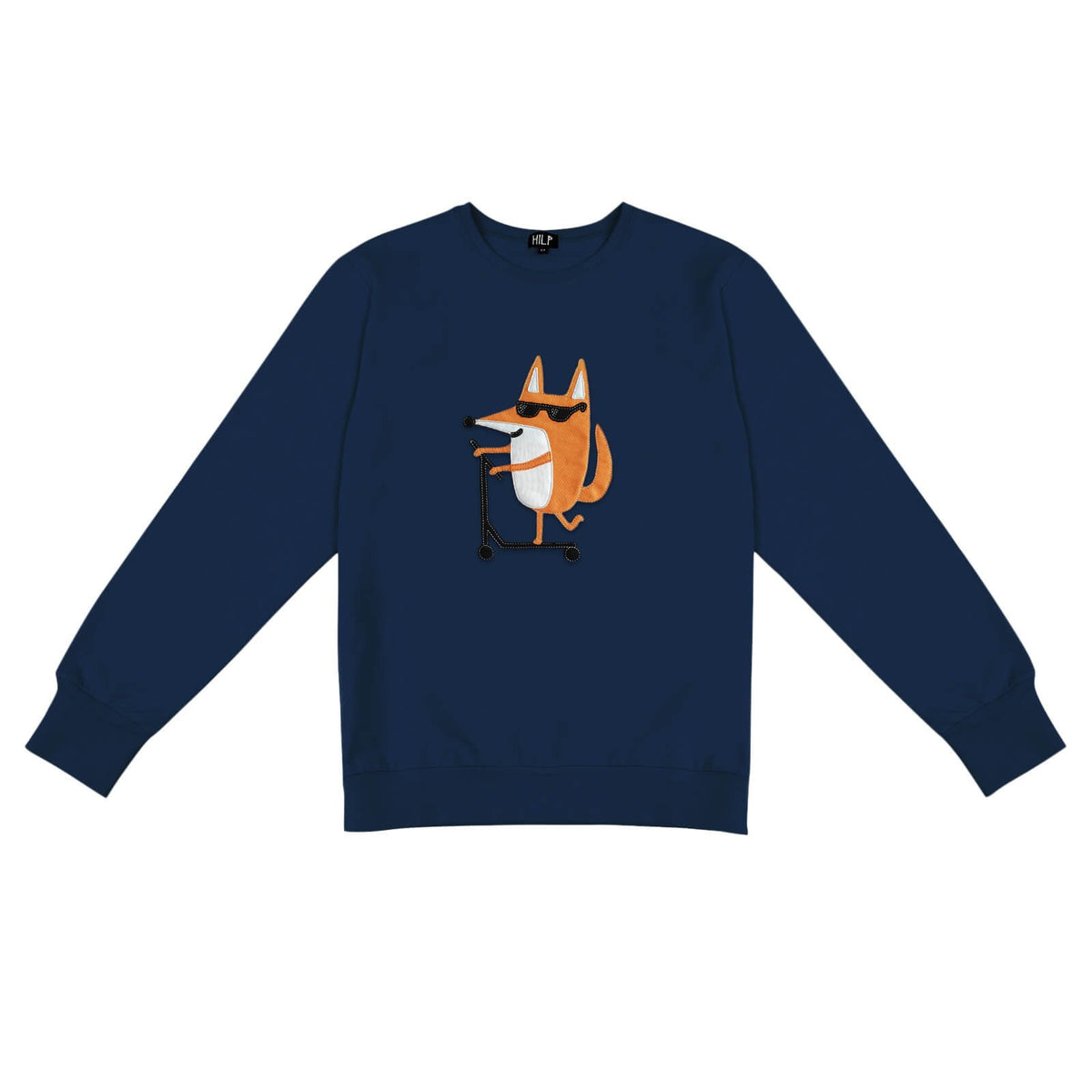 2. Men's Scootering Fox Sweatshirt in navy blue with fox graphic, studio shot