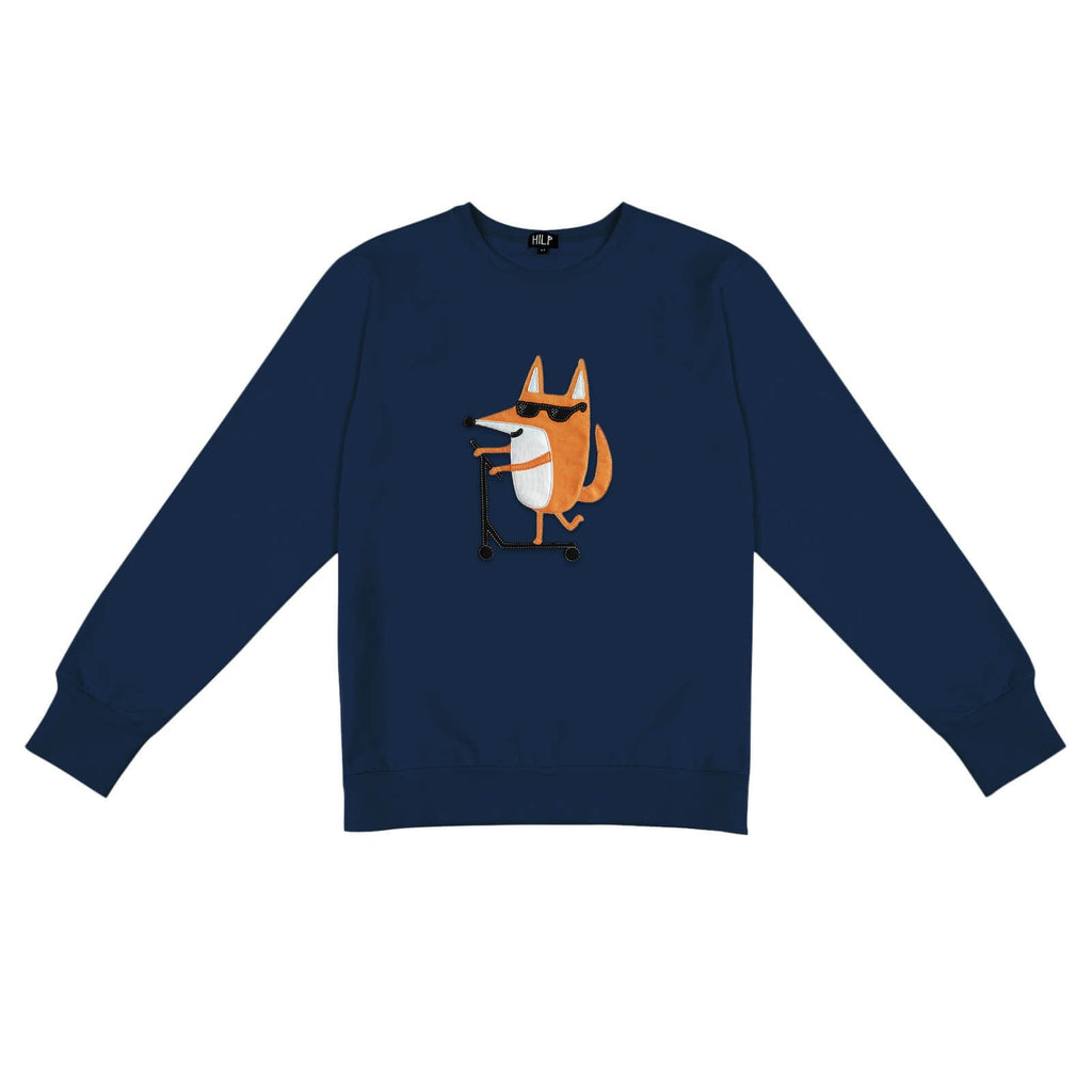 2. Men's Scootering Fox Sweatshirt in navy blue with fox graphic, studio shot